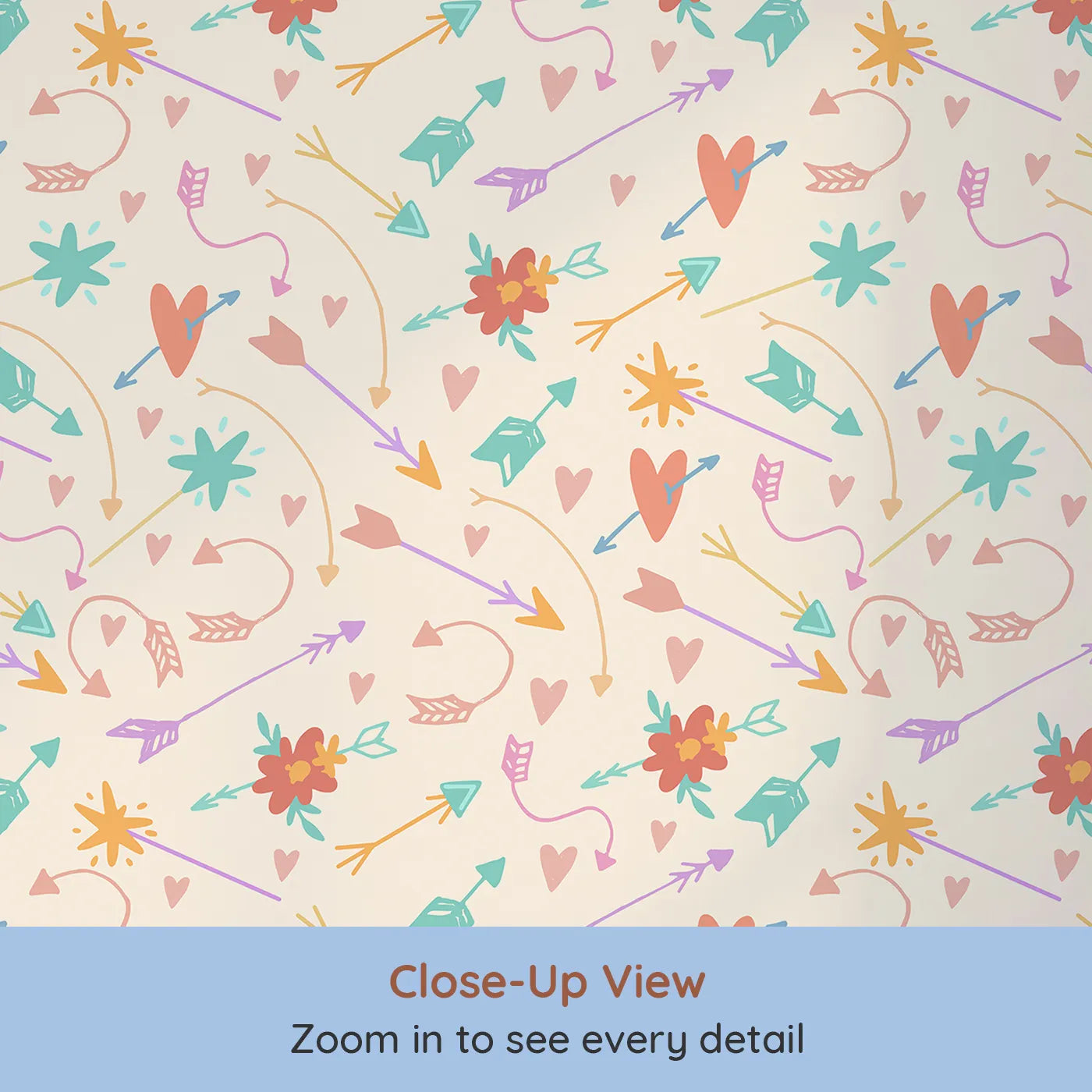 Close-up view of Whimsy Tots' Love and Arrows Bloom Parade Wallpaper in Soft Peach (W3145C).Pastel arrows and blossoms dance across a gentle peachy field.