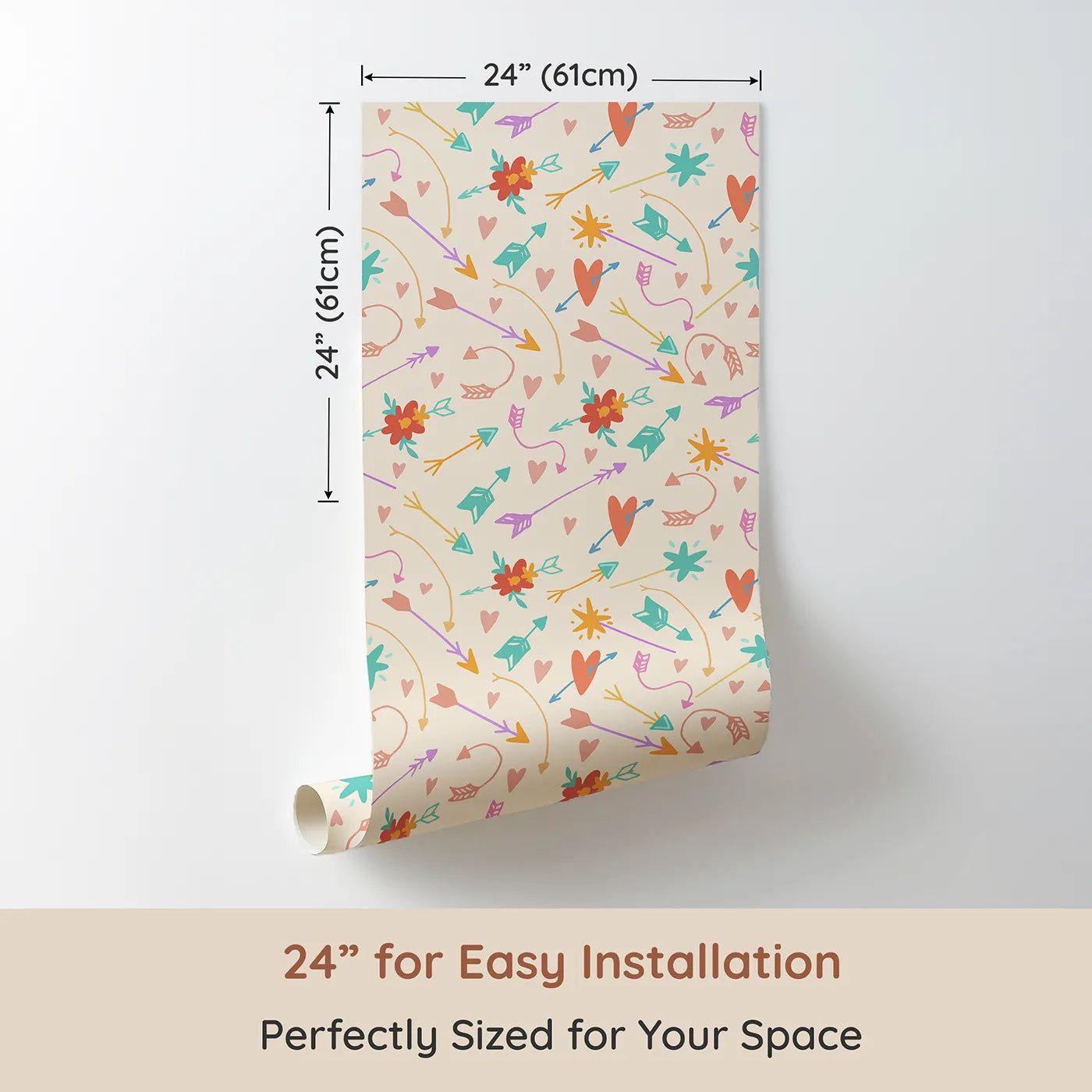 Dimension view of Whimsy Tots Love and Arrows Bloom Parade Wallpaper in Soft Peach (W3145C). Printed in 24-inch-wide panel for easy installation. Pastel arrows and blossoms dance across a gentle peachy field.