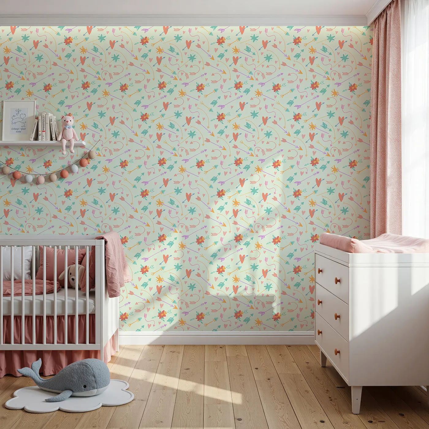Front view of Whimsy Tots' Love and Arrows Bloom Parade Wallpaper in Mint Green
