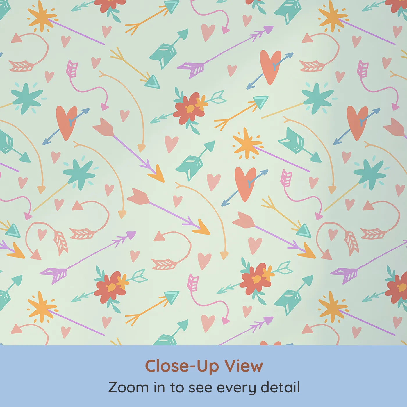 Close-up view of Whimsy Tots' Love and Arrows Bloom Parade Wallpaper in Mint Green (W3145D).Blossoms and arrows float gently across a fresh minty green backdrop.