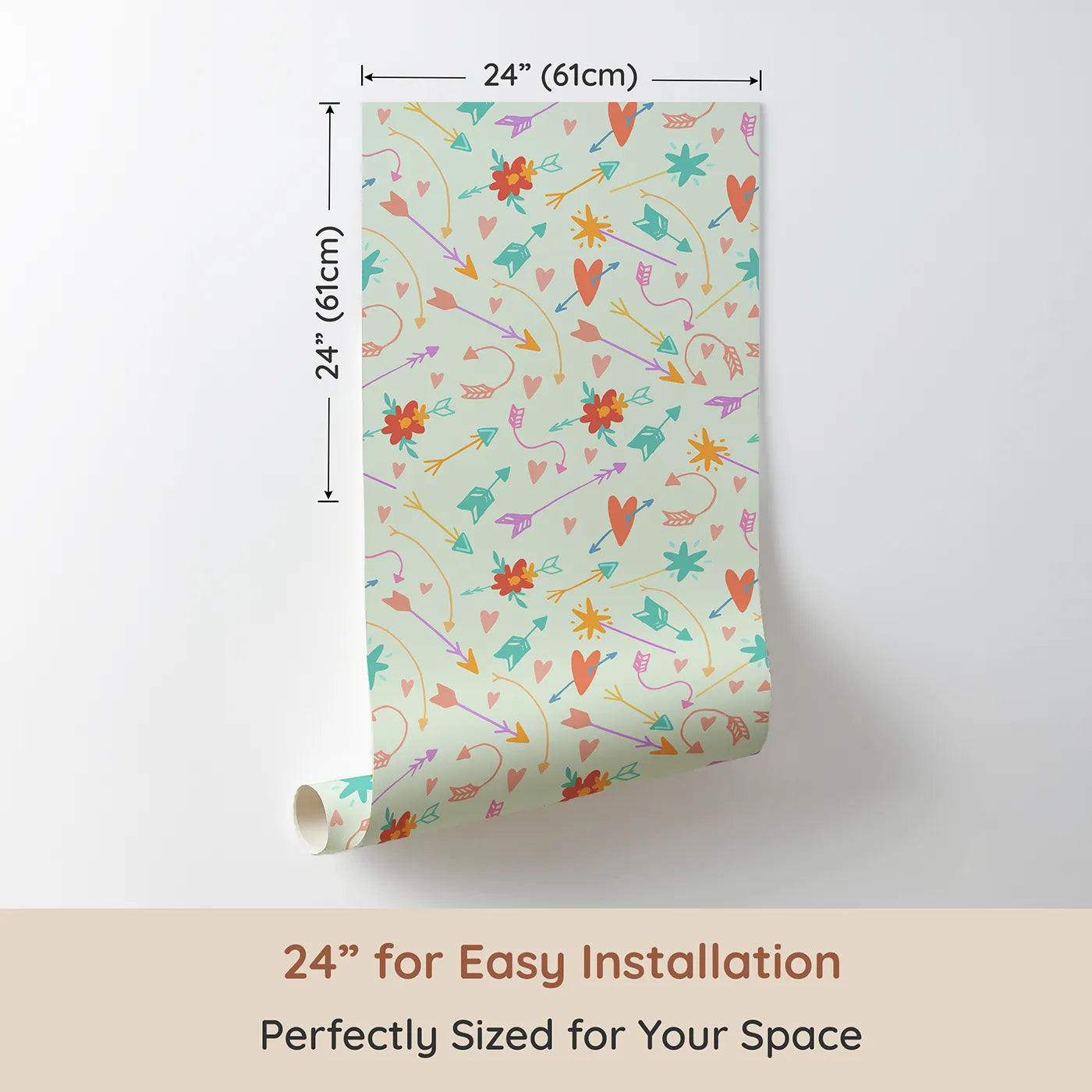 Dimension view of Whimsy Tots Love and Arrows Bloom Parade Wallpaper in Mint Green (W3145D). Printed in 24-inch-wide panel for easy installation. Blossoms and arrows float gently across a fresh minty green backdrop.