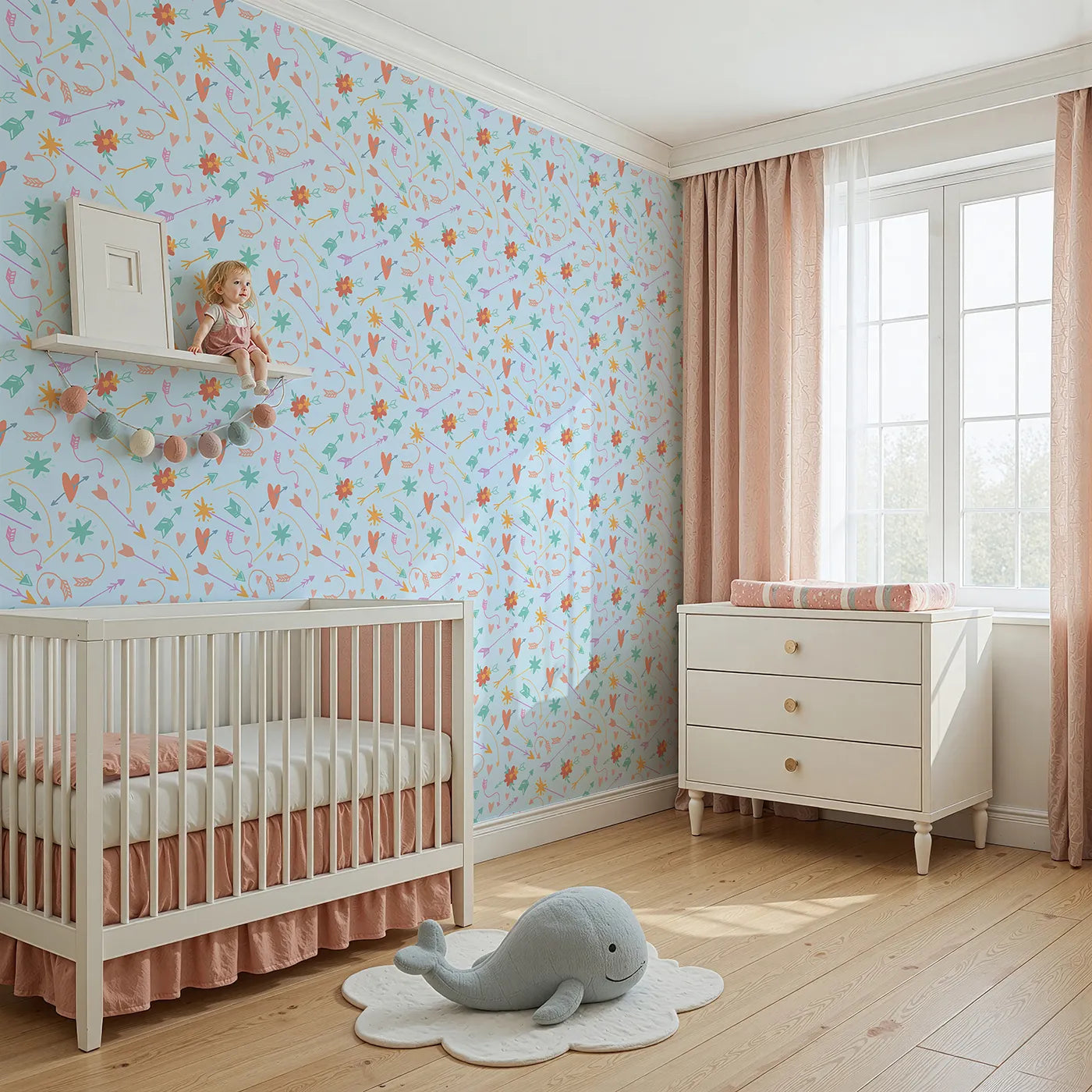 Angled view of Whimsy Tots' Love and Arrows Bloom Parade Wallpaper in Sky Blue (W3145E).Pastel hearts and arrows dance across a light blue canvas.