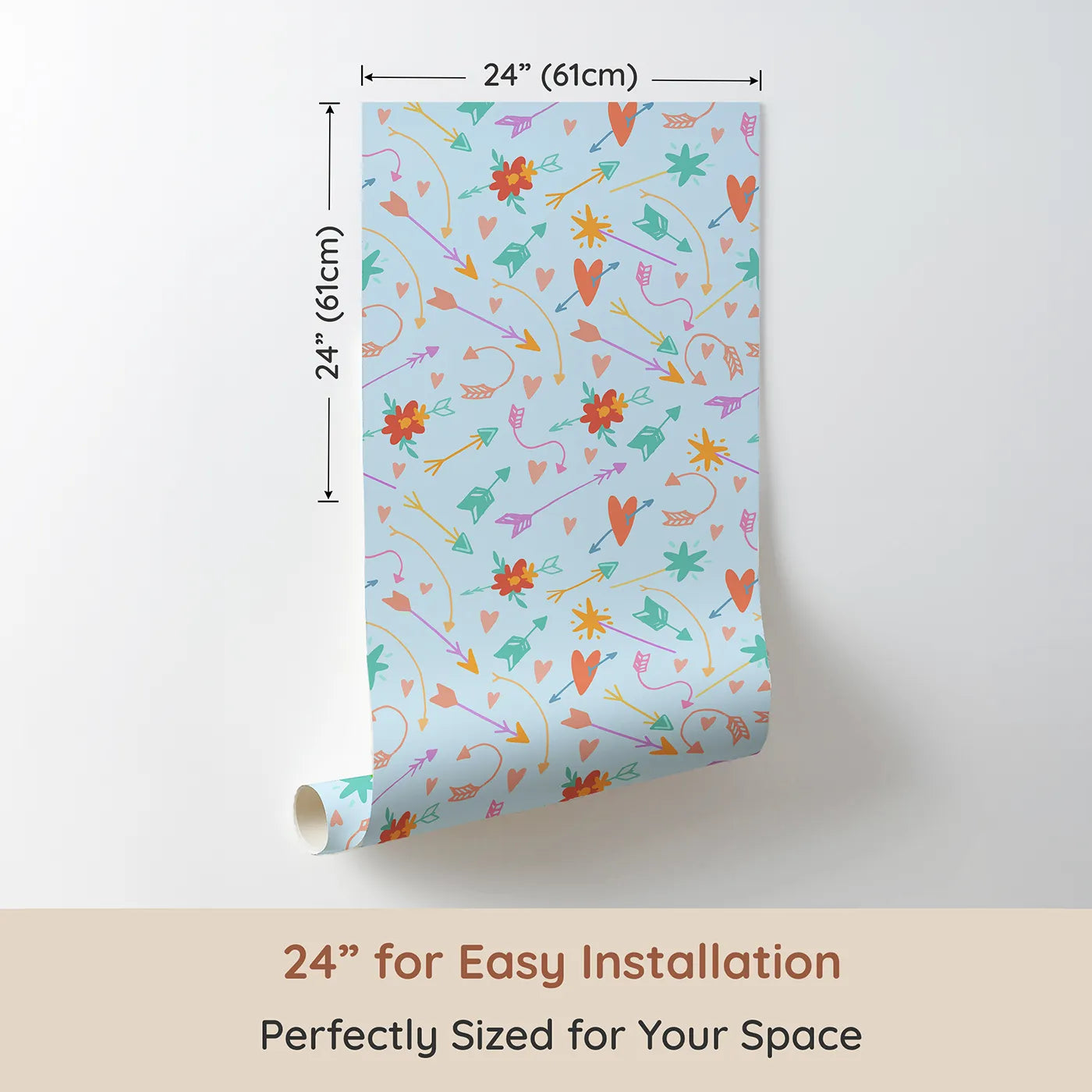 Dimension view of Whimsy Tots Love and Arrows Bloom Parade Wallpaper in Sky Blue (W3145E). Printed in 24-inch-wide panel for easy installation. Pastel hearts and arrows dance across a light blue canvas.