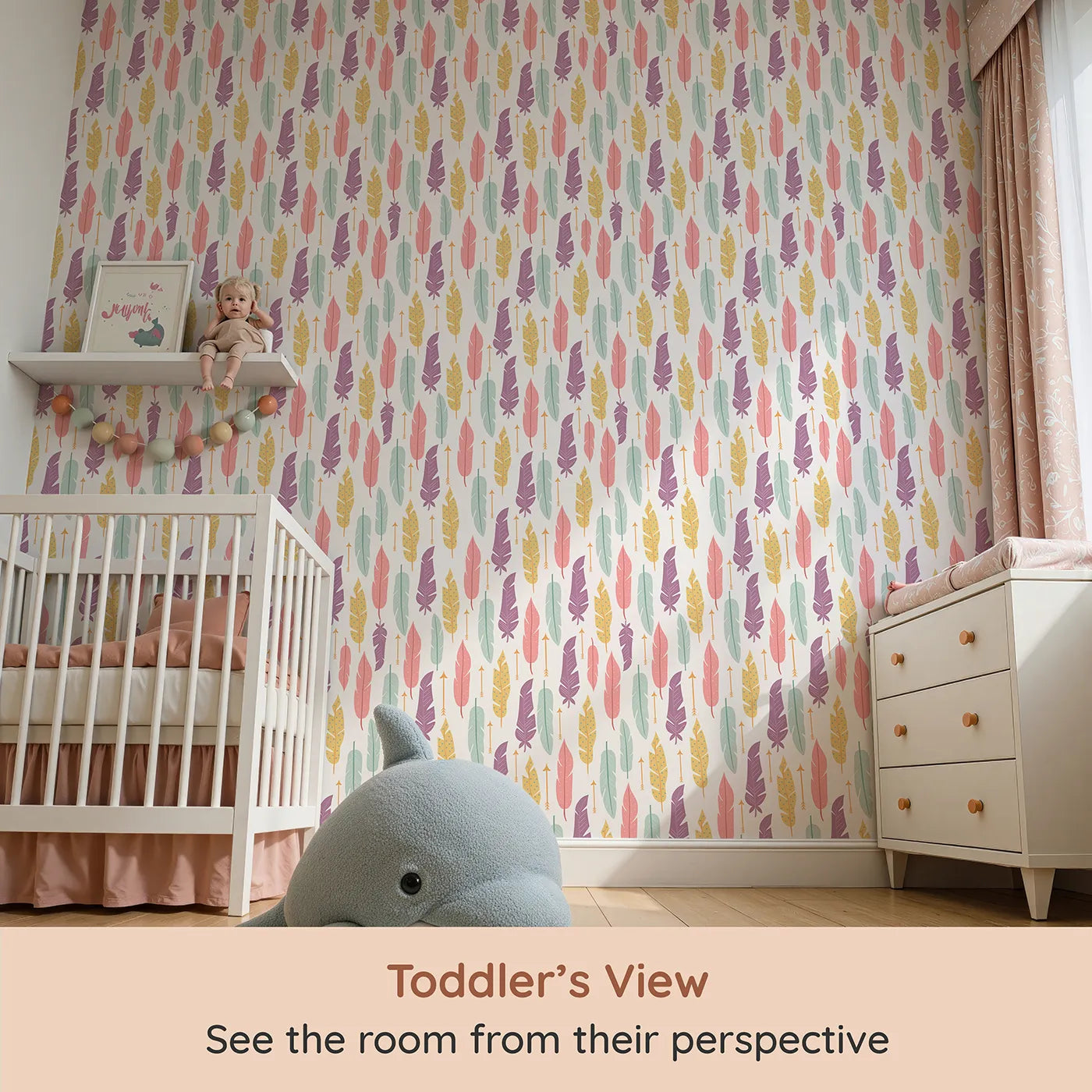 Whimsy Tots Feather and Arrow Meadow Parade Wallpaper in Cream White (W3146A) from your child's view.Soft feathers and tiny arrows sway in peaceful harmony.