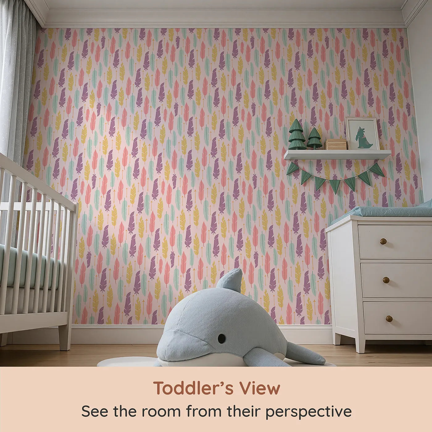 Whimsy Tots Feather and Arrow Meadow Parade Wallpaper in Blush Pink (W3146B) from your child's view.Soft patterns in pink and gold float through a cozy blush field.