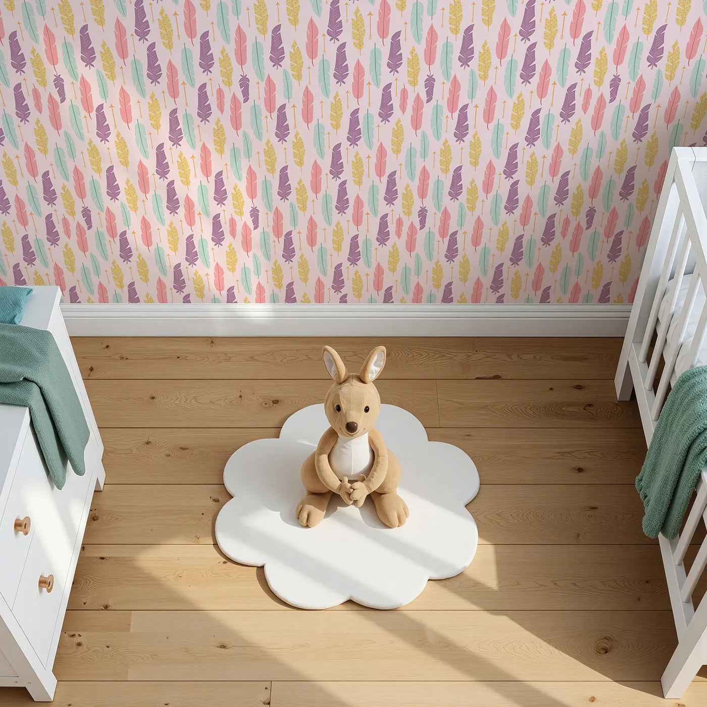 Top-Down view of Whimsy Tots' Feather and Arrow Meadow Parade Wallpaper in Blush Pink (W3146B).Soft patterns in pink and gold float through a cozy blush field.