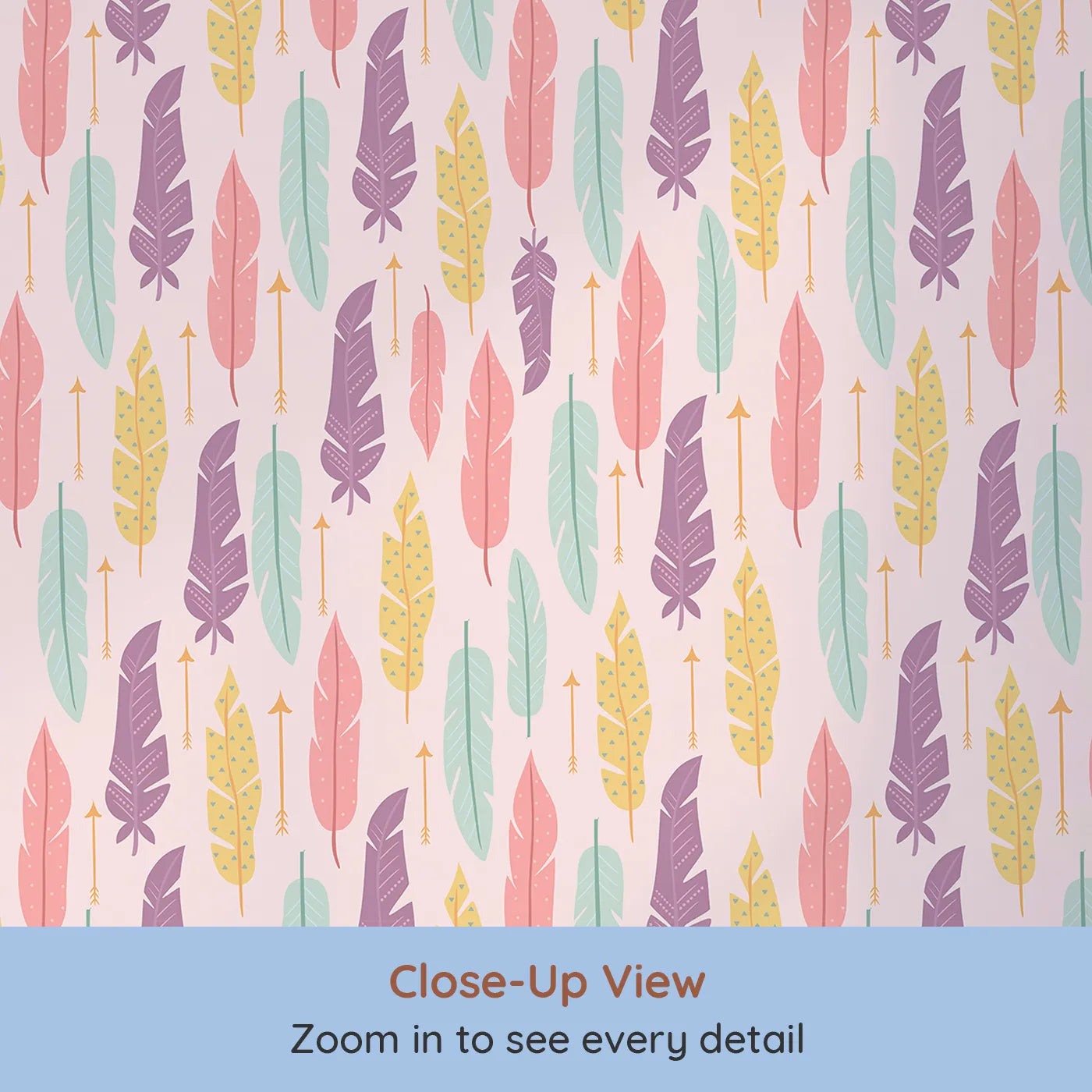 Close-up view of Whimsy Tots' Feather and Arrow Meadow Parade Wallpaper in Blush Pink (W3146B).Soft patterns in pink and gold float through a cozy blush field.