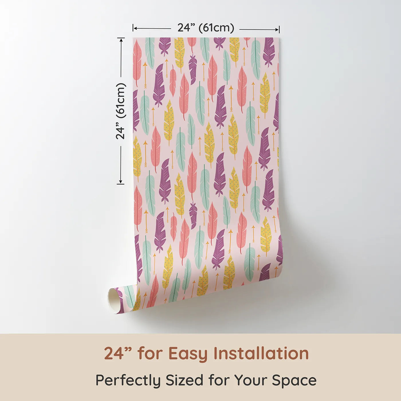 Dimension view of Whimsy Tots Feather and Arrow Meadow Parade Wallpaper in Blush Pink (W3146B). Printed in 24-inch-wide panel for easy installation. Soft patterns in pink and gold float through a cozy blush field.