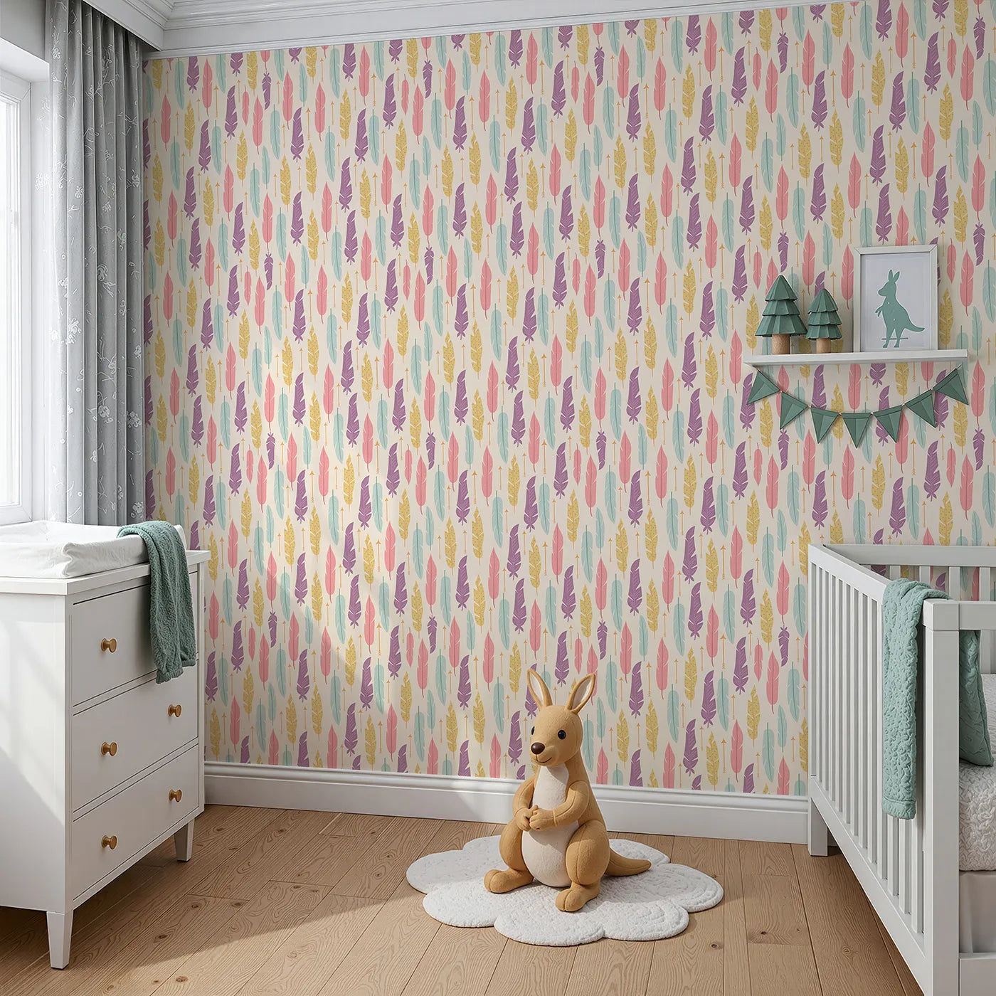 Angled view of Whimsy Tots' Feather and Arrow Meadow Parade Wallpaper in Vanilla Cream (W3146C).Playful pastels and tiny arrows drift softly through cream skies.