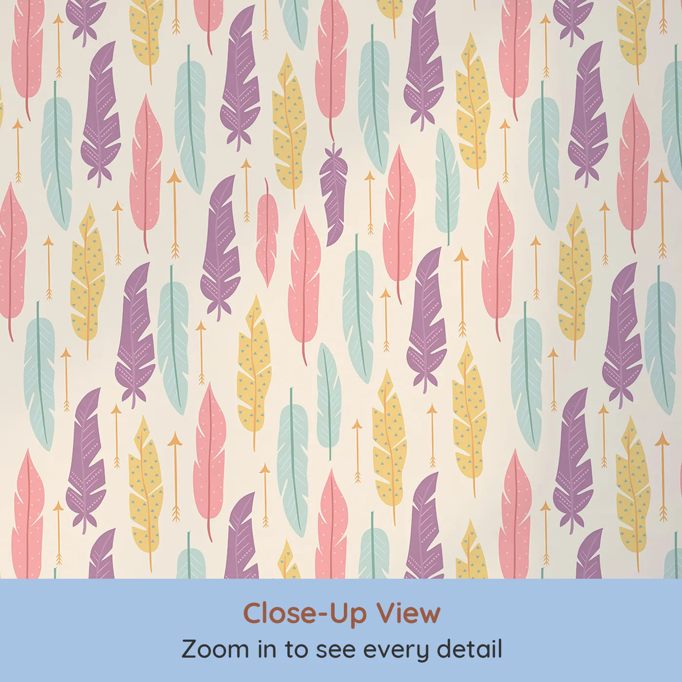 Close-up view of Whimsy Tots' Feather and Arrow Meadow Parade Wallpaper in Vanilla Cream (W3146C).Playful pastels and tiny arrows drift softly through cream skies.