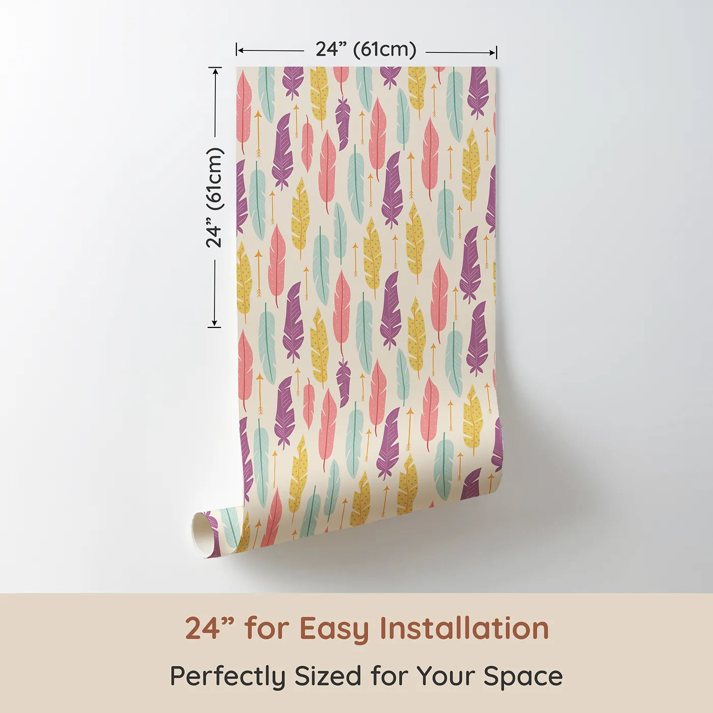 Dimension view of Whimsy Tots Feather and Arrow Meadow Parade Wallpaper in Vanilla Cream (W3146C). Printed in 24-inch-wide panel for easy installation. Playful pastels and tiny arrows drift softly through cream skies.