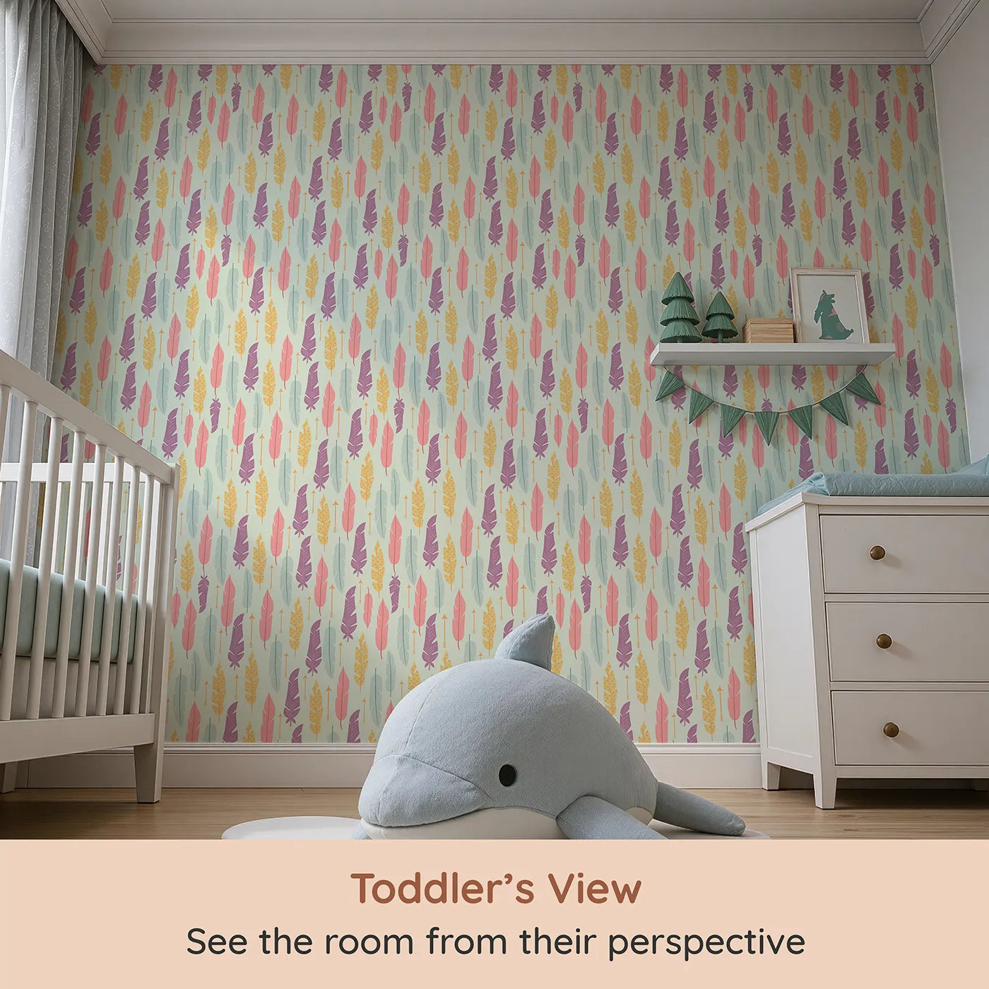 Whimsy Tots Feather and Arrow Meadow Parade Wallpaper in Soft Mint Green (W3146D) from your child's view.Feathers and arrows drift calmly across a cool mint sky.
