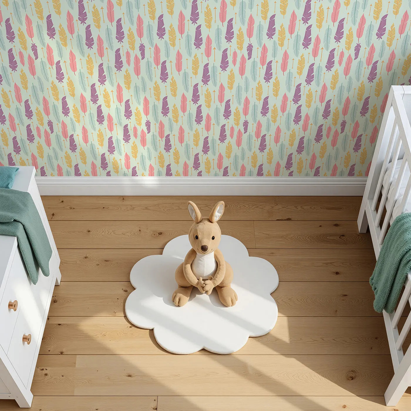 Top-Down view of Whimsy Tots' Feather and Arrow Meadow Parade Wallpaper in Soft Mint Green (W3146D).Feathers and arrows drift calmly across a cool mint sky.