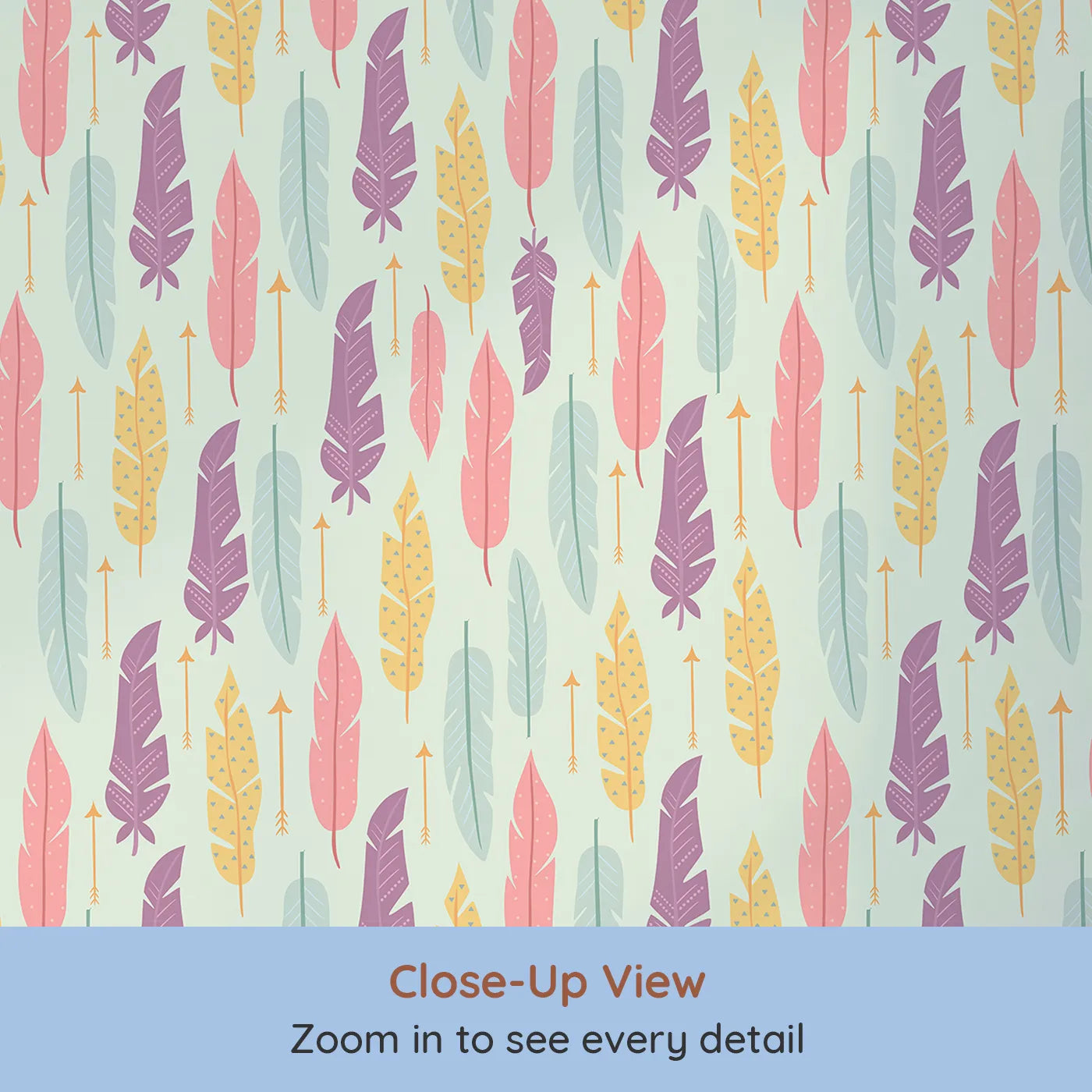 Close-up view of Whimsy Tots' Feather and Arrow Meadow Parade Wallpaper in Soft Mint Green (W3146D).Feathers and arrows drift calmly across a cool mint sky.