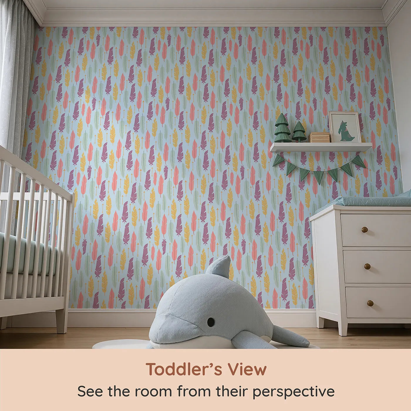 Whimsy Tots Feather and Arrow Meadow Parade Wallpaper in Sky Blue (W3146E) from your child's view.Feathers float and arrows twirl across a tranquil blue field.