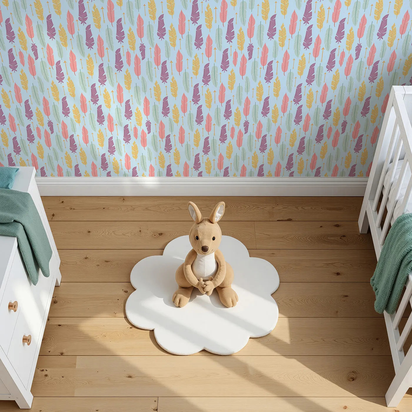 Top-Down view of Whimsy Tots' Feather and Arrow Meadow Parade Wallpaper in Sky Blue (W3146E).Feathers float and arrows twirl across a tranquil blue field.
