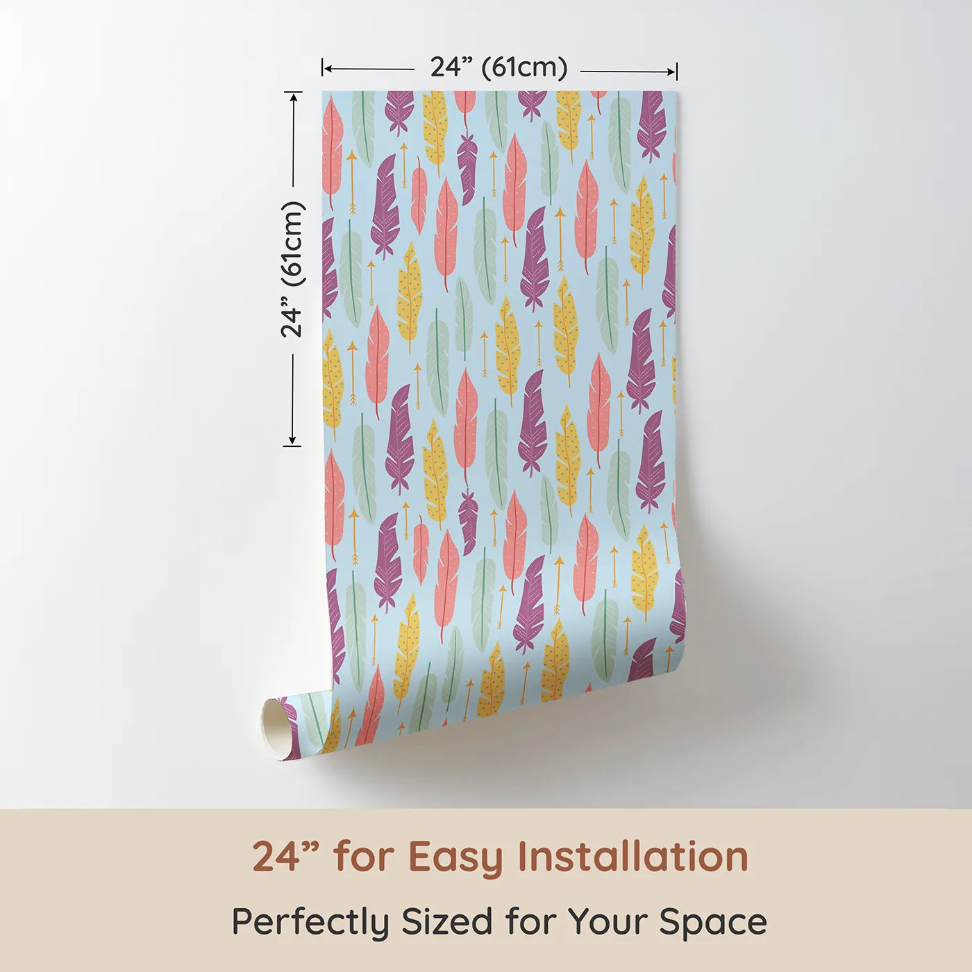 Dimension view of Whimsy Tots Feather and Arrow Meadow Parade Wallpaper in Sky Blue (W3146E). Printed in 24-inch-wide panel for easy installation. Feathers float and arrows twirl across a tranquil blue field.