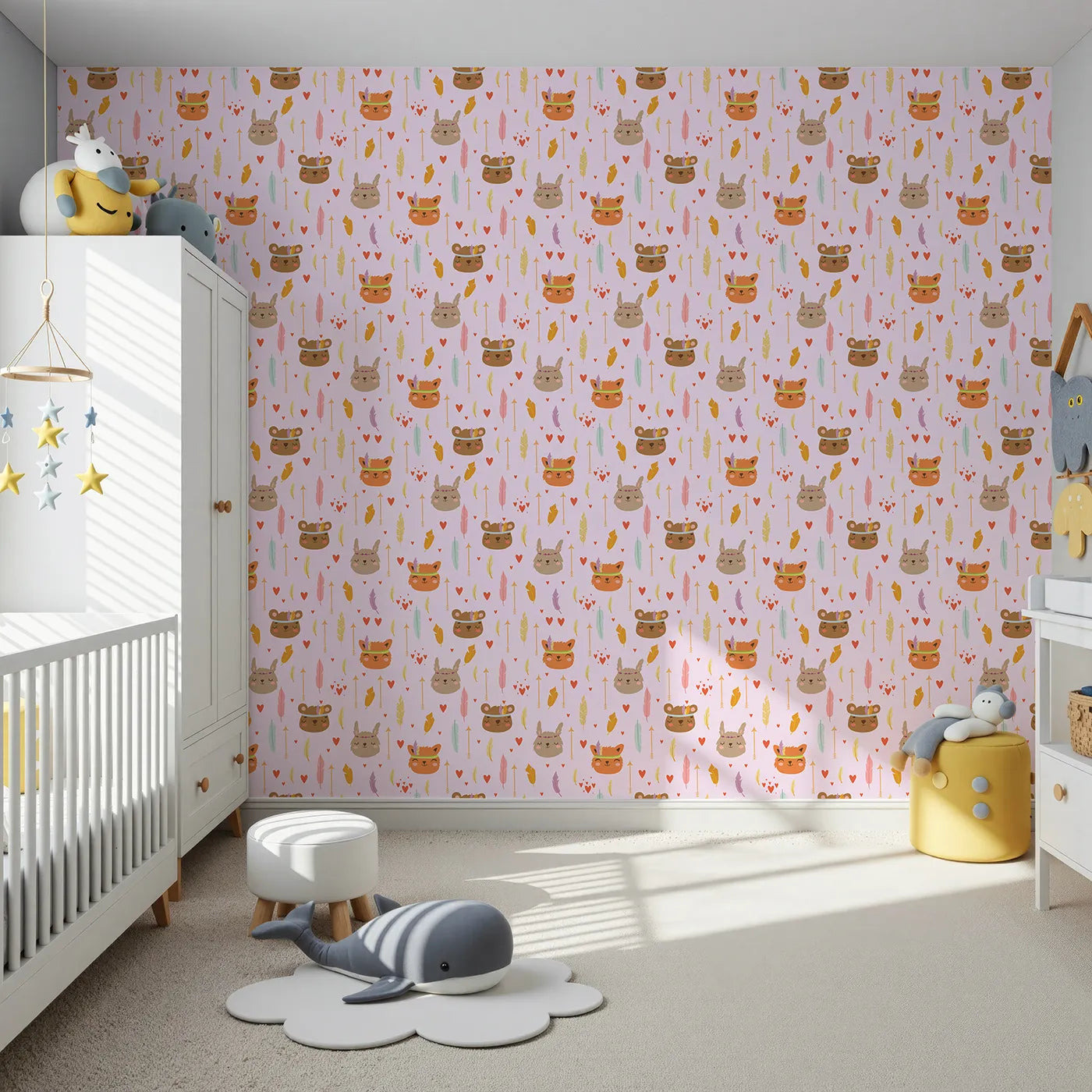 Front view of Whimsy Tots' Woodland Tribe Hearts Wallpaper in Blush Lilac Pink