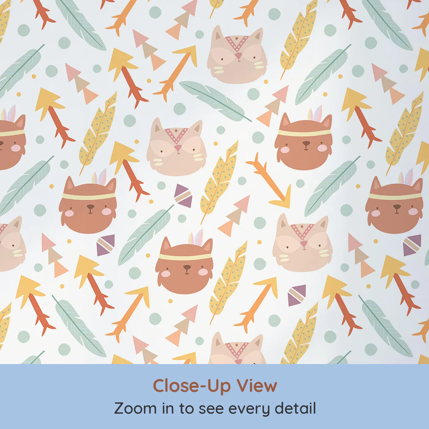 Close-up view of Whimsy Tots' Tribal Kitten Parade Wallpaper in Soft White (W3148A).Playful kittens, arrows, and feathers swirl through a cheerful white daydream.