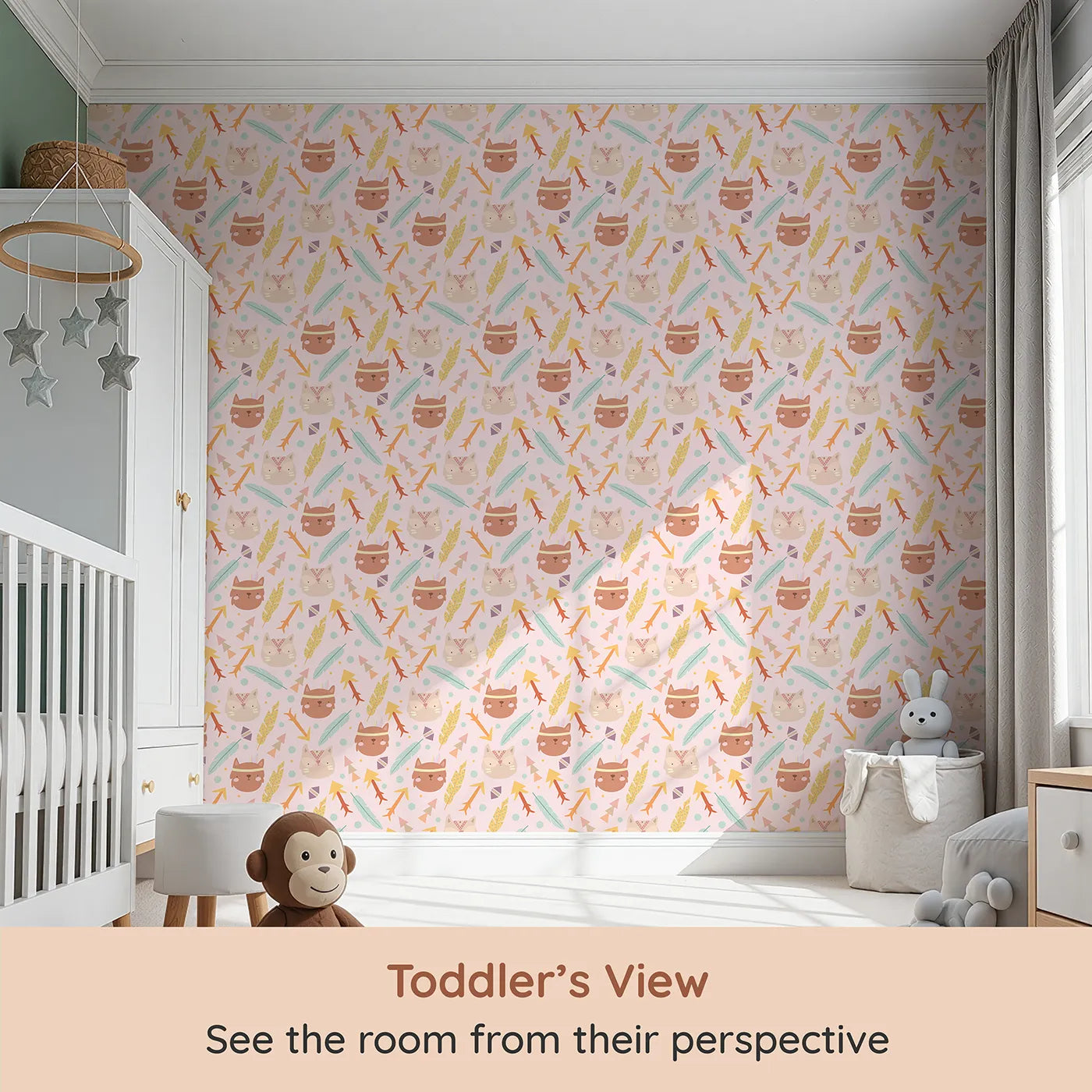 Whimsy Tots Tribal Kitten Parade Wallpaper in Blush Pink (W3148B) from your child's view.Gentle kittens and tribal arrows float across a warm blush sky.