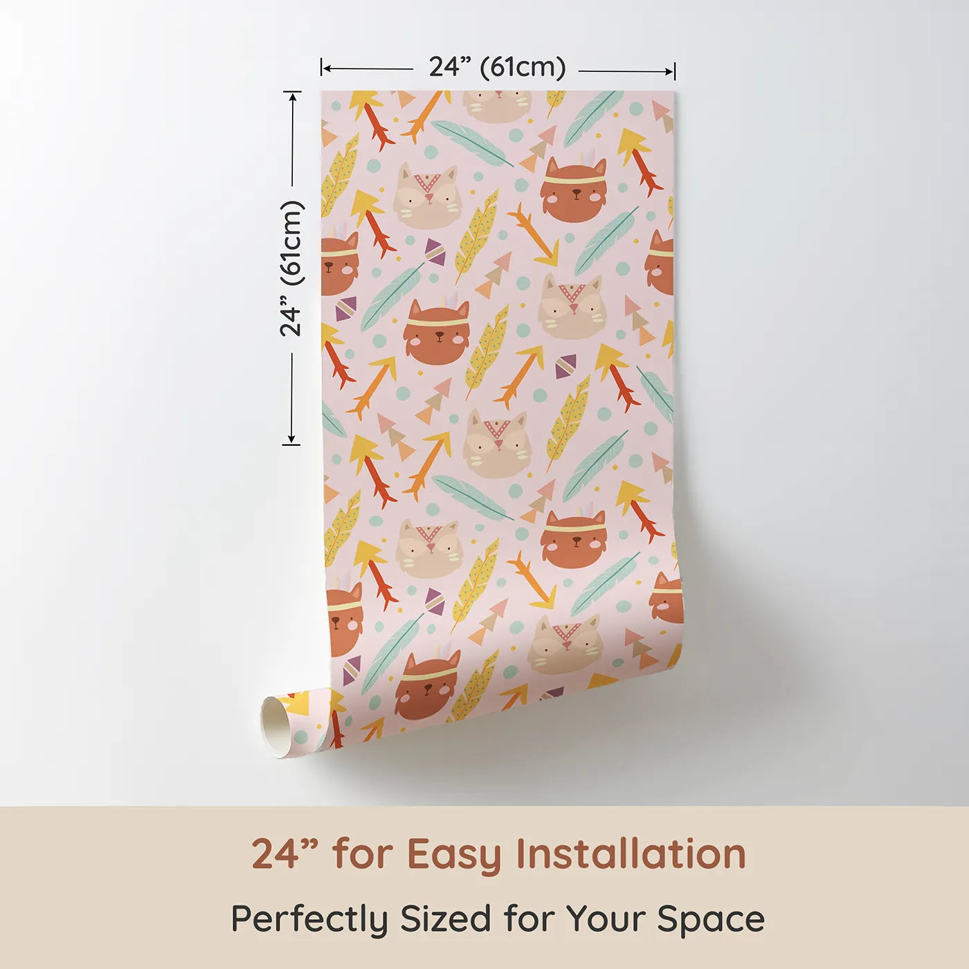 Dimension view of Whimsy Tots Tribal Kitten Parade Wallpaper in Blush Pink (W3148B). Printed in 24-inch-wide panel for easy installation. Gentle kittens and tribal arrows float across a warm blush sky.