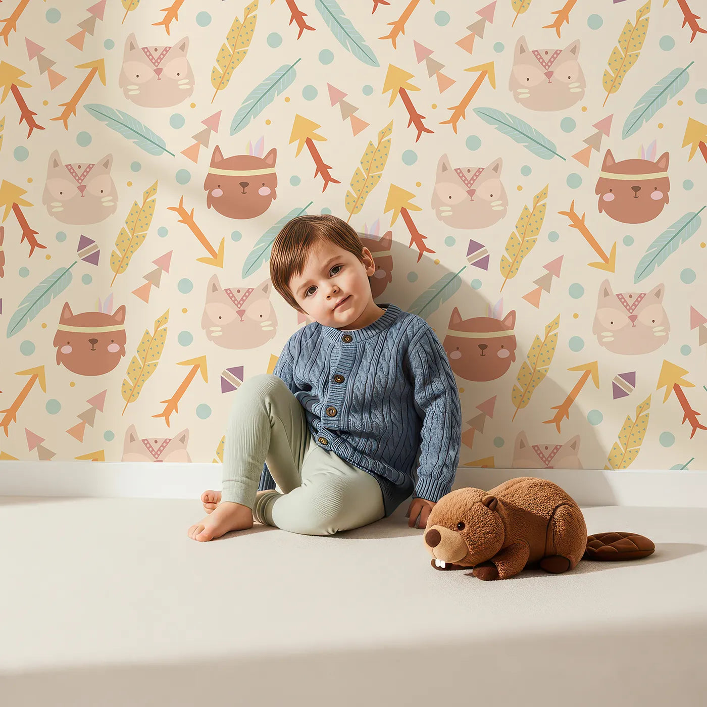 Lovely child standing in front of Whimsy Tots Tribal Kitten Parade Wallpaper in Vanilla Cream with cat, feather, arrow, triangle, dot in design.
