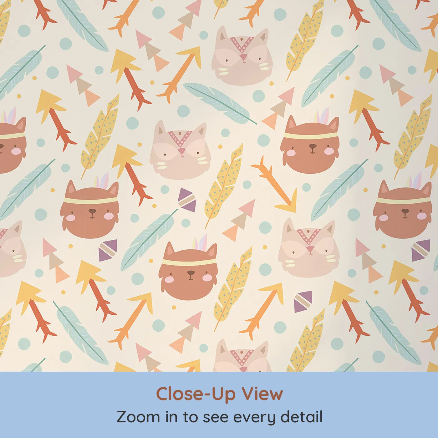 Close-up view of Whimsy Tots' Tribal Kitten Parade Wallpaper in Vanilla Cream (W3148C).Cheerful kittens and soft arrows float across a warm cream sky.
