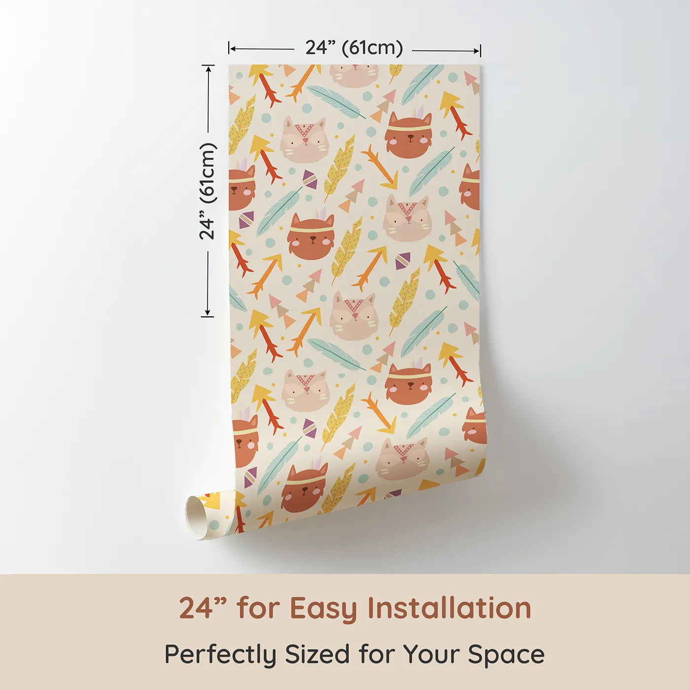 Dimension view of Whimsy Tots Tribal Kitten Parade Wallpaper in Vanilla Cream (W3148C). Printed in 24-inch-wide panel for easy installation. Cheerful kittens and soft arrows float across a warm cream sky.