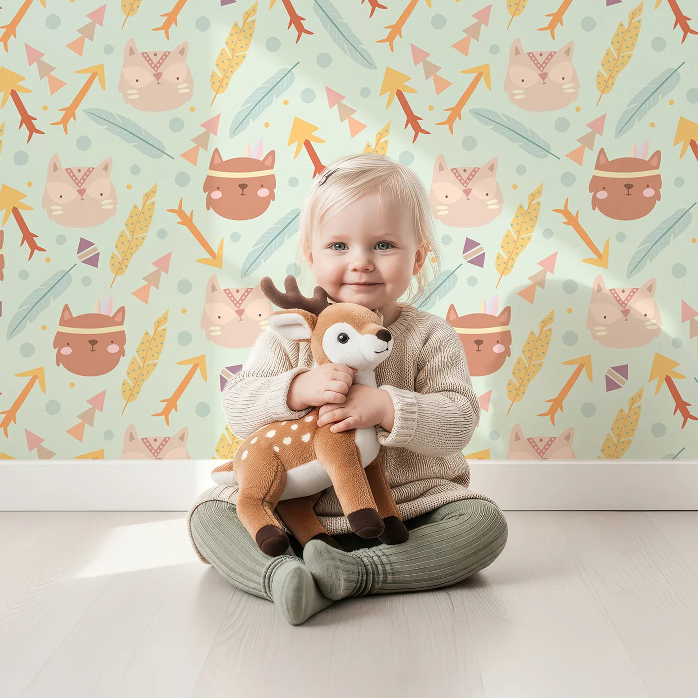 Lovely child standing in front of Whimsy Tots Tribal Kitten Parade Wallpaper in Soft Mint Green with cat, feather, arrow, triangle, dot in design.