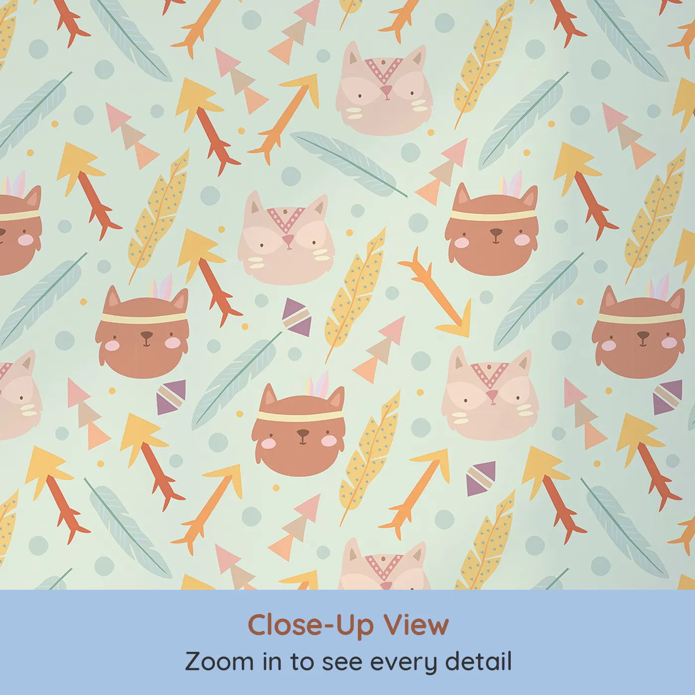 Close-up view of Whimsy Tots' Tribal Kitten Parade Wallpaper in Soft Mint Green (W3148D).Kittens, feathers, and tribal arrows dance across a minty green sky.