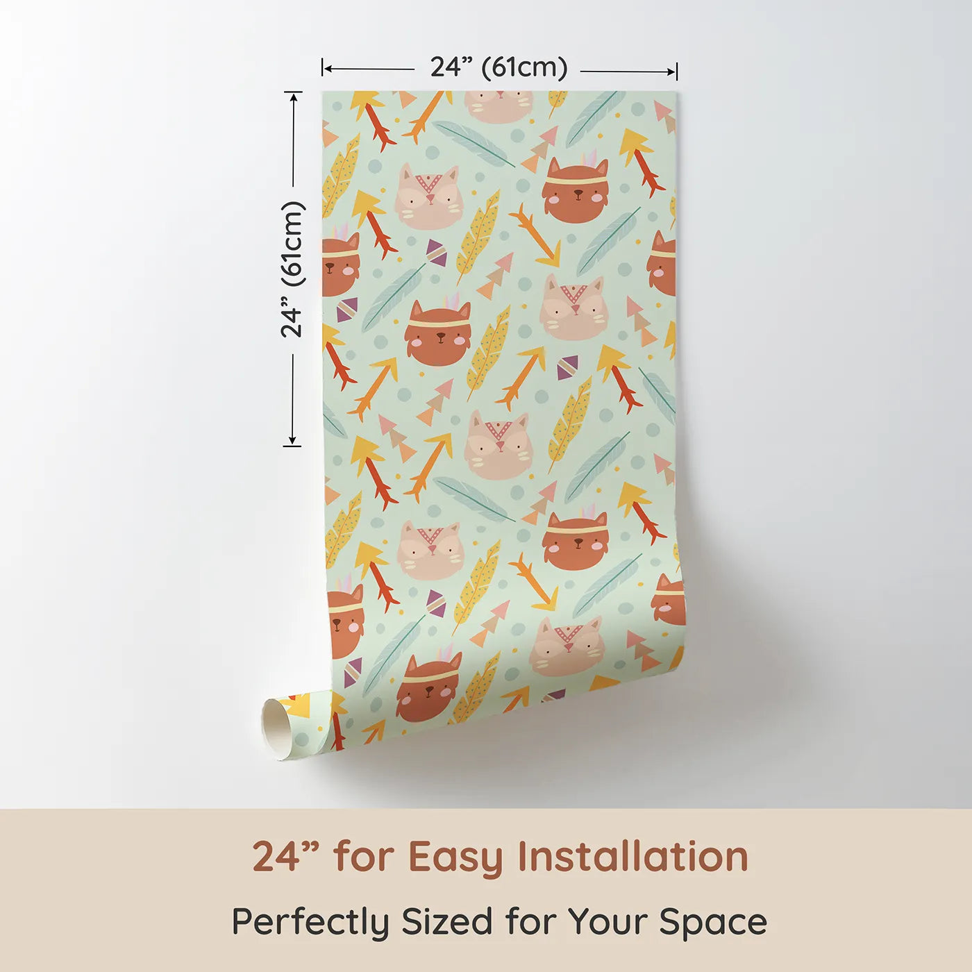 Dimension view of Whimsy Tots Tribal Kitten Parade Wallpaper in Soft Mint Green (W3148D). Printed in 24-inch-wide panel for easy installation. Kittens, feathers, and tribal arrows dance across a minty green sky.