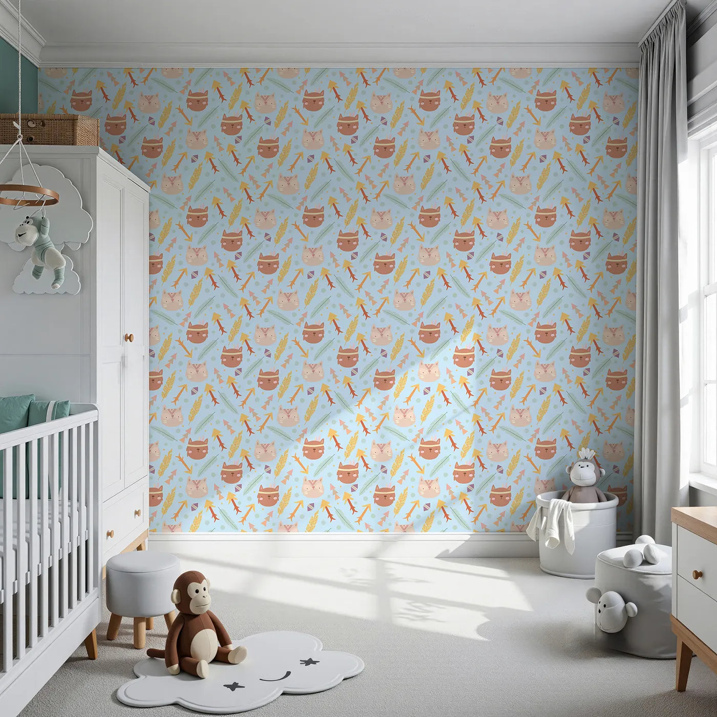 Front view of Whimsy Tots' Tribal Kitten Parade Wallpaper in Sky Blue