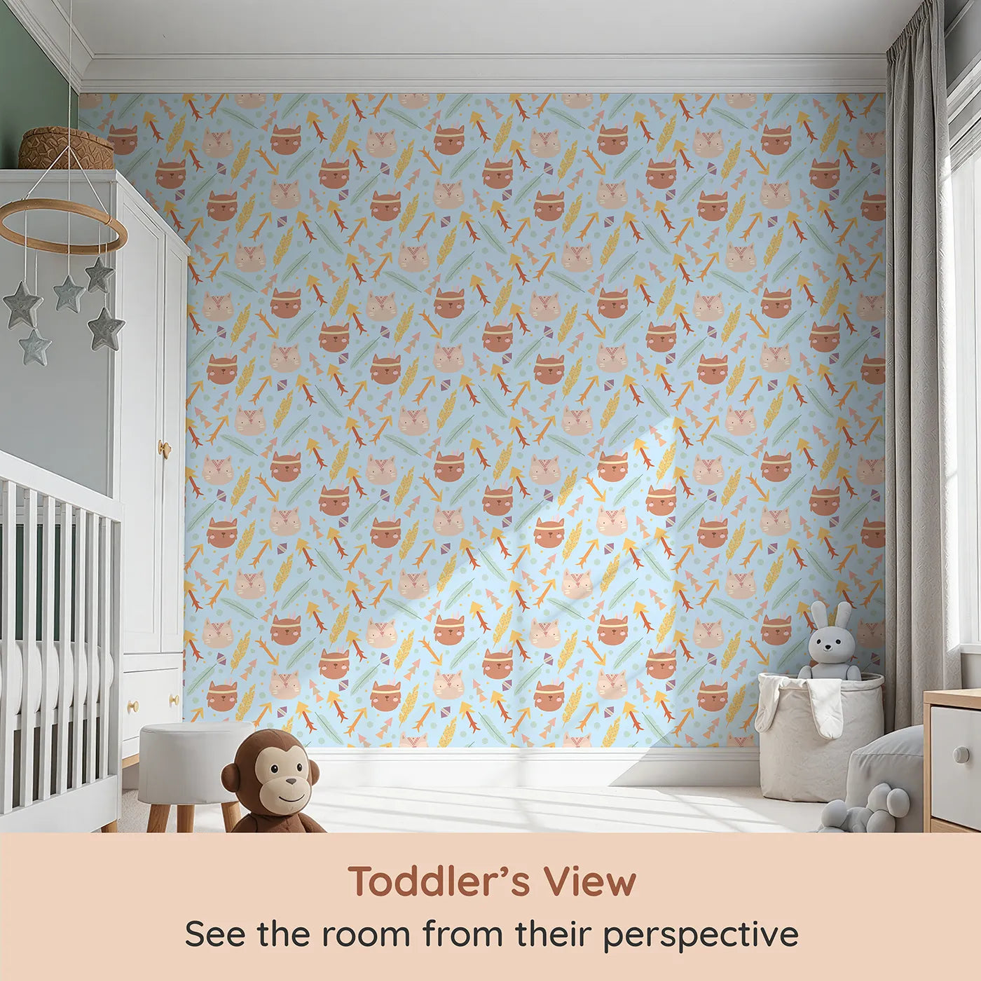 Whimsy Tots Tribal Kitten Parade Wallpaper in Sky Blue (W3148E) from your child's view.Tribal kittens and feathered arrows dance through a dreamy sky.
