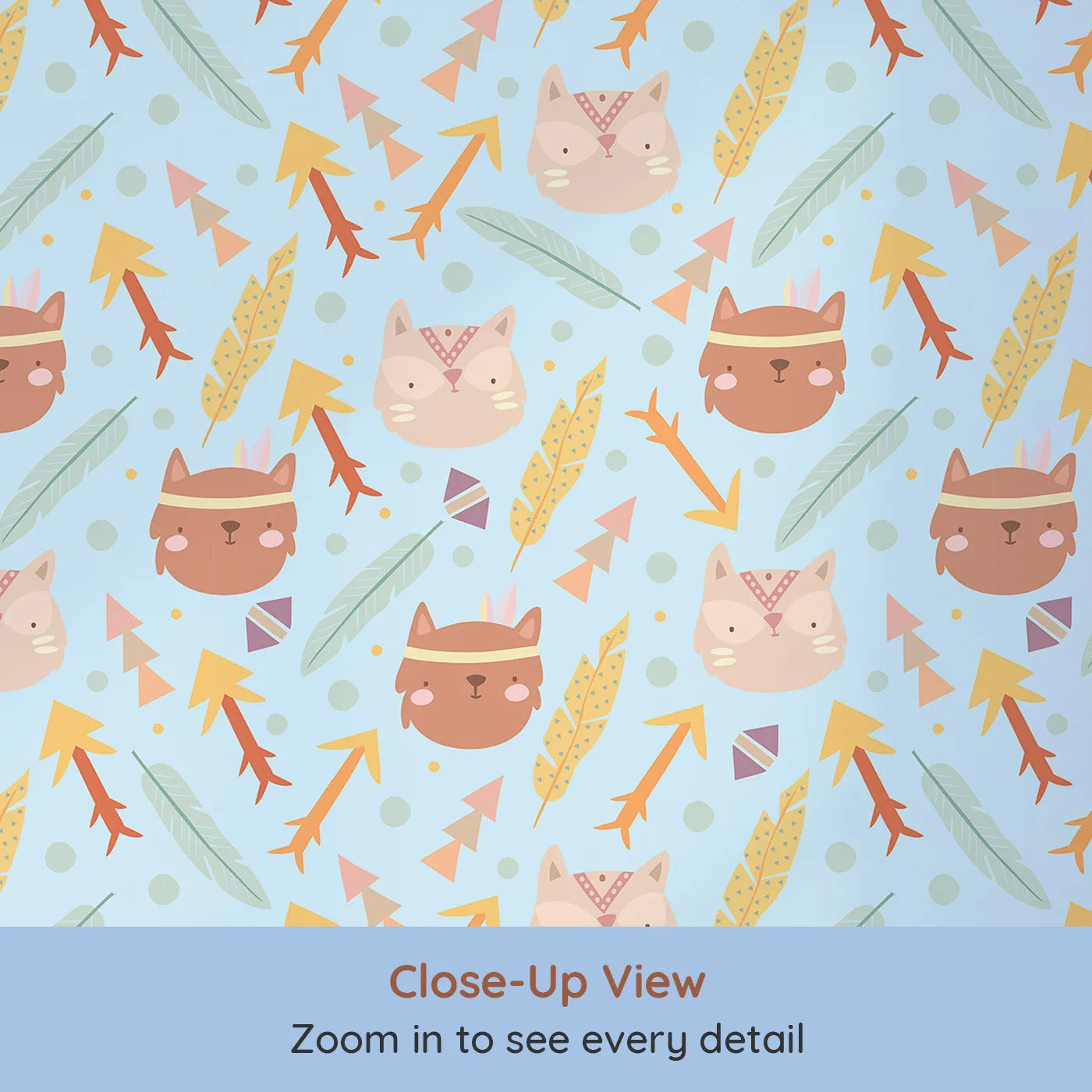 Close-up view of Whimsy Tots' Tribal Kitten Parade Wallpaper in Sky Blue (W3148E).Tribal kittens and feathered arrows dance through a dreamy sky.