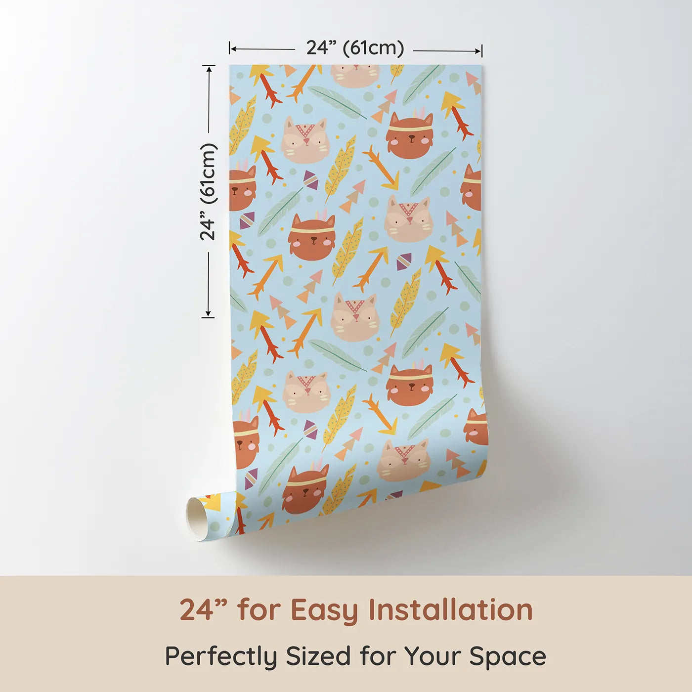 Dimension view of Whimsy Tots Tribal Kitten Parade Wallpaper in Sky Blue (W3148E). Printed in 24-inch-wide panel for easy installation. Tribal kittens and feathered arrows dance through a dreamy sky.