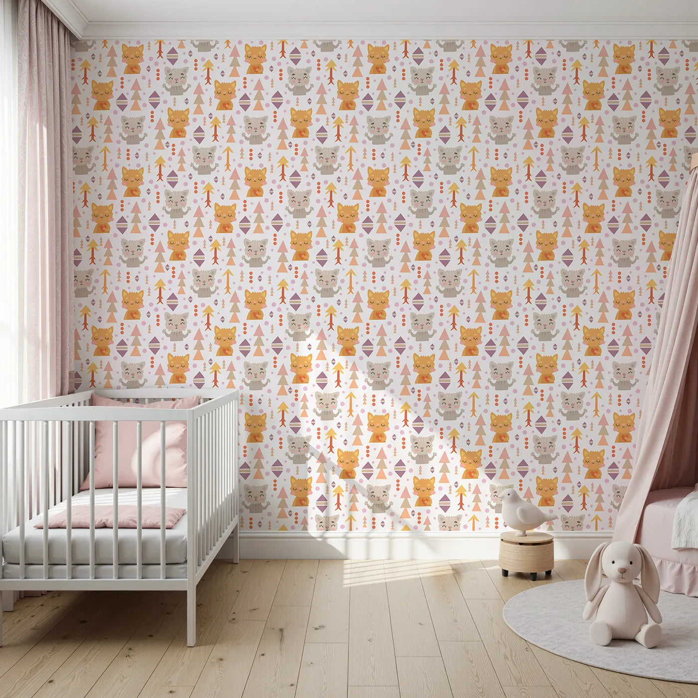 Front view of Whimsy Tots' Mindful Kitten Heart Wallpaper in Vanilla Cream