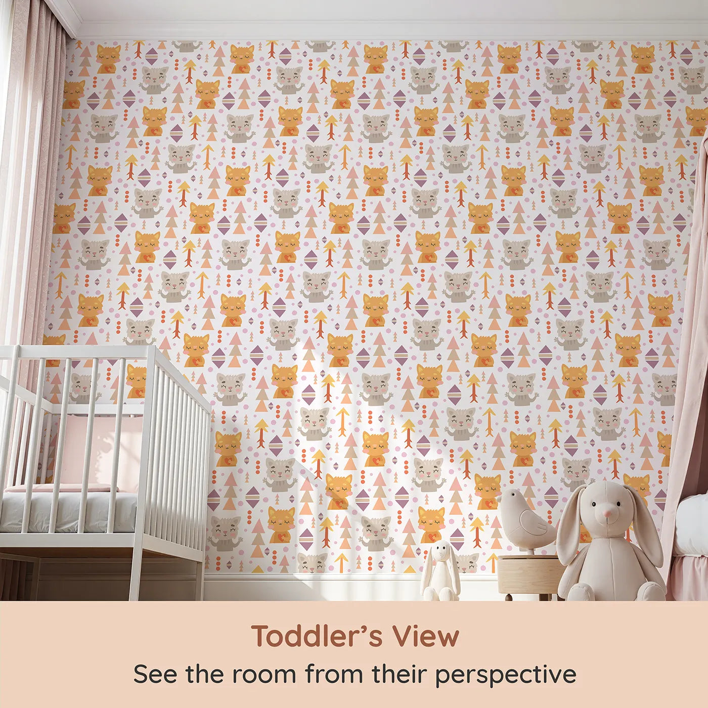 Whimsy Tots Mindful Kitten Heart Wallpaper in Vanilla Cream (W3149A) from your child's view.Peaceful kittens and gentle shapes bring warmth to every wall.