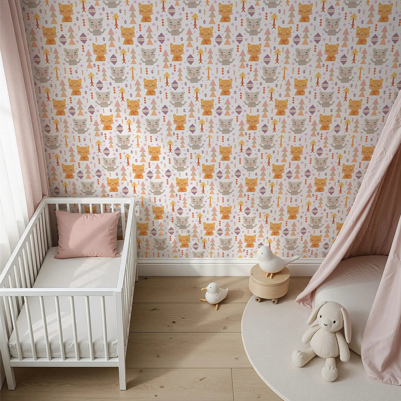 Top-Down view of Whimsy Tots' Mindful Kitten Heart Wallpaper in Vanilla Cream (W3149A).Peaceful kittens and gentle shapes bring warmth to every wall.