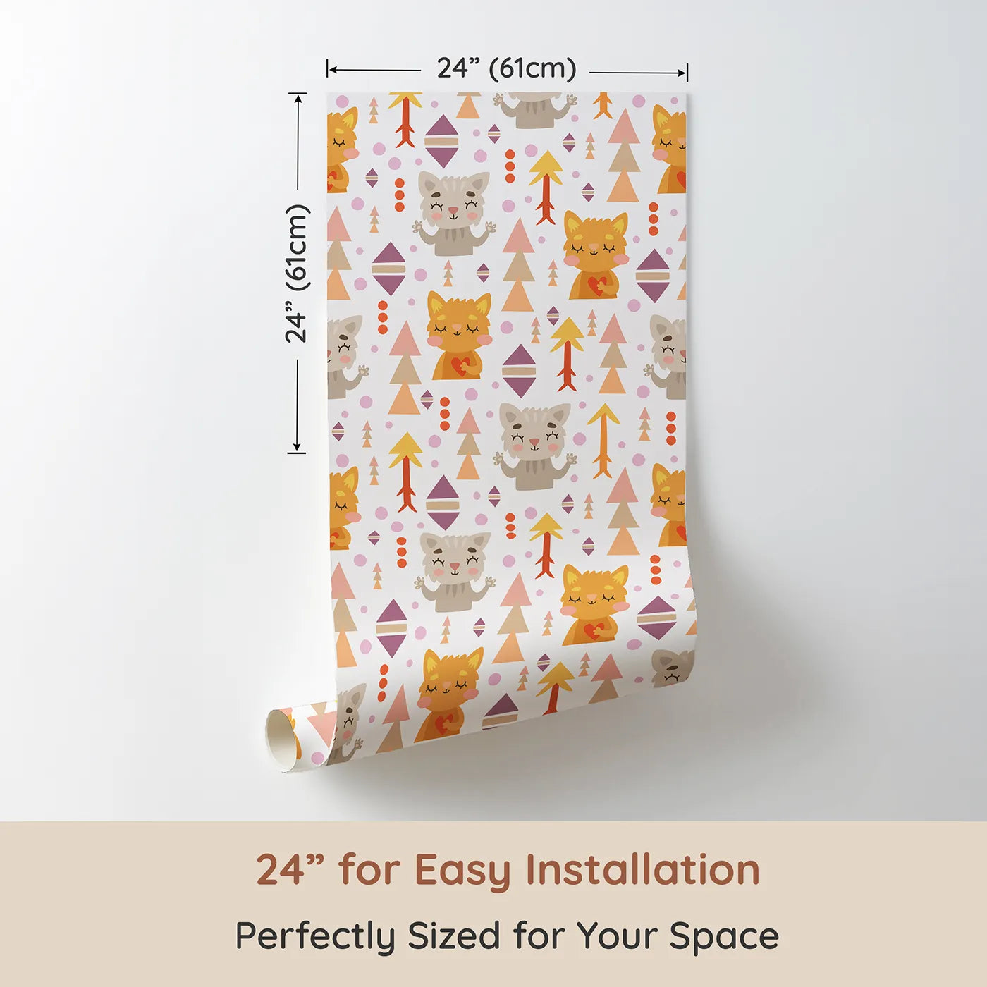 Dimension view of Whimsy Tots Mindful Kitten Heart Wallpaper in Vanilla Cream (W3149A). Printed in 24-inch-wide panel for easy installation. Peaceful kittens and gentle shapes bring warmth to every wall.