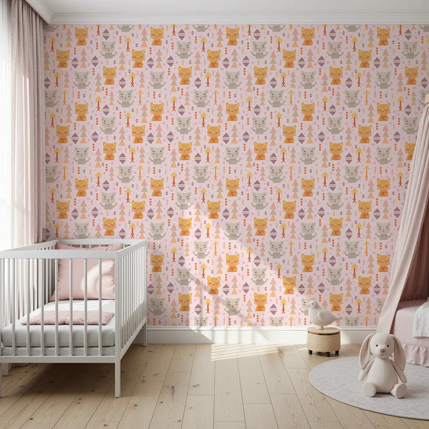 Front view of Whimsy Tots' Mindful Kitten Heart Wallpaper in Petal Blush Pink