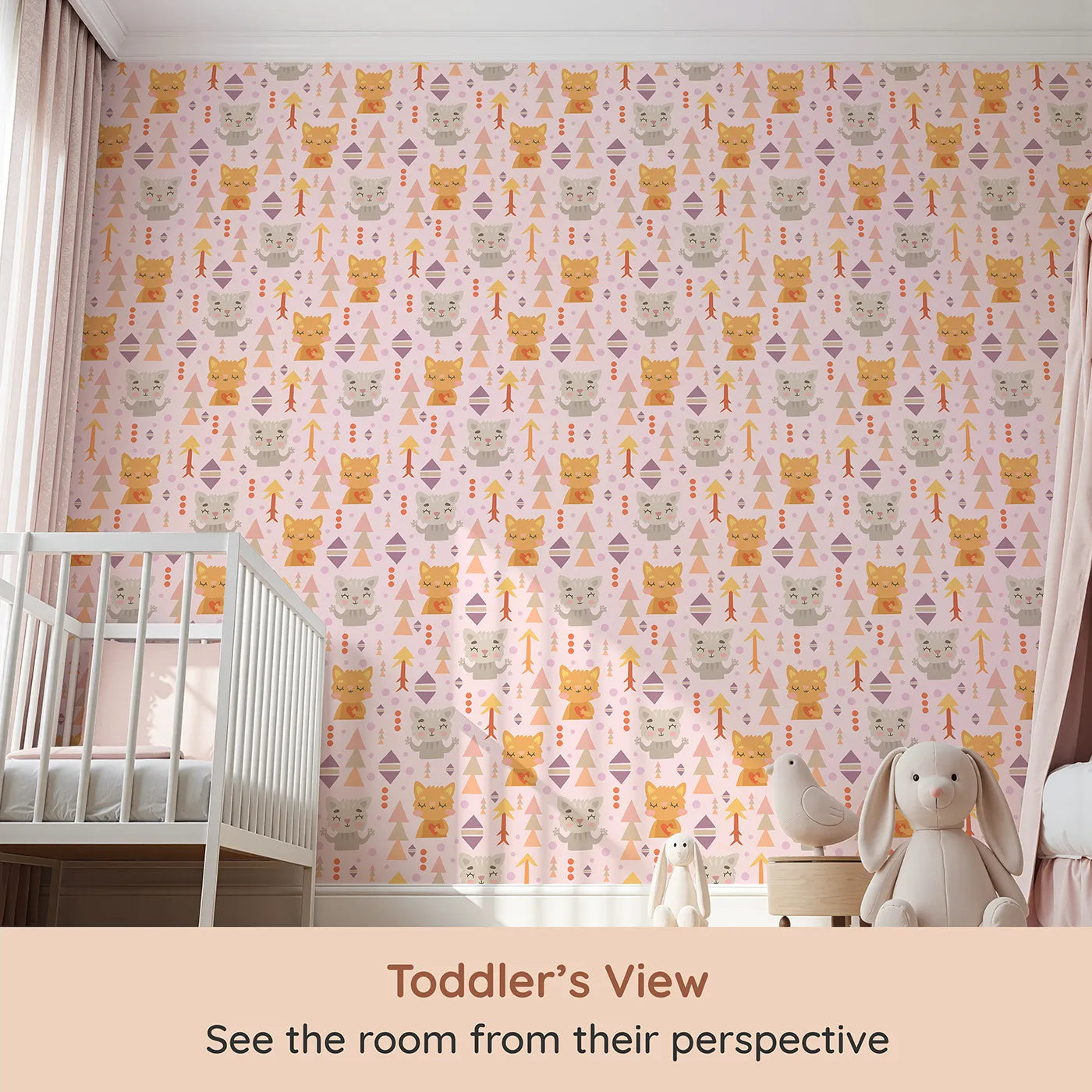 Whimsy Tots Mindful Kitten Heart Wallpaper in Petal Blush Pink (W3149B) from your child's view.Snuggly kittens and heartful moments float through a soft blush daydream.