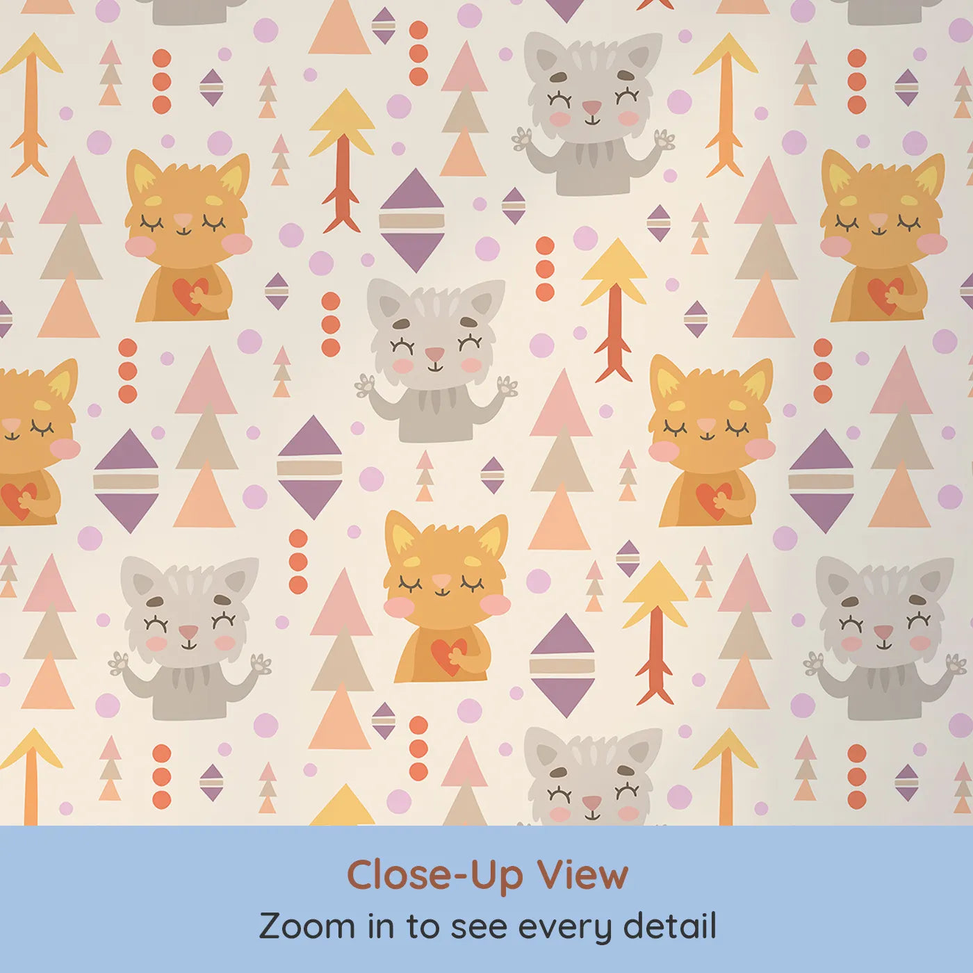 Close-up view of Whimsy Tots' Mindful Kitten Heart Wallpaper in Oat Beige (W3149C).Tribal kittens with peaceful hearts bring a warm, loving rhythm to their space.
