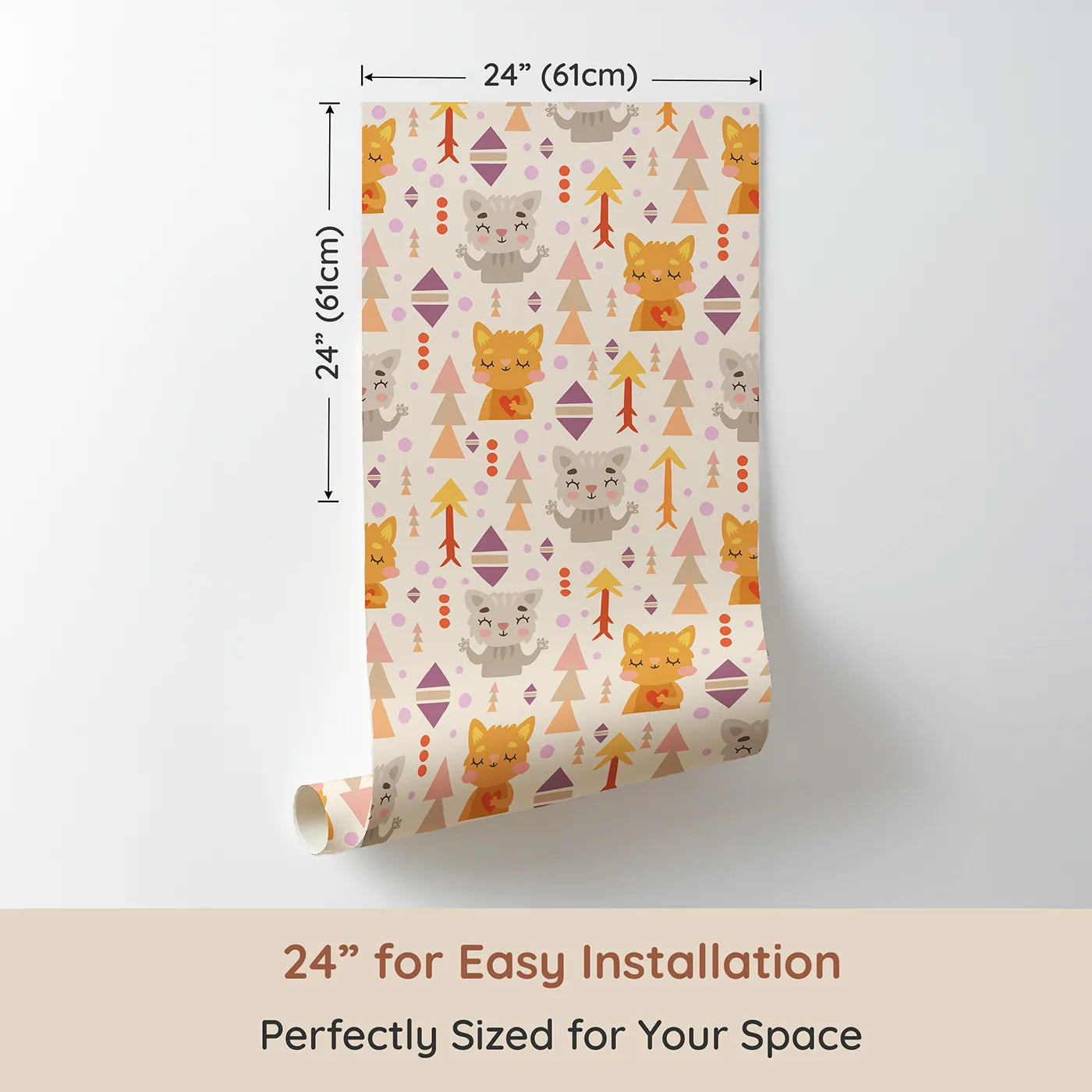 Dimension view of Whimsy Tots Mindful Kitten Heart Wallpaper in Oat Beige (W3149C). Printed in 24-inch-wide panel for easy installation. Tribal kittens with peaceful hearts bring a warm, loving rhythm to their space.