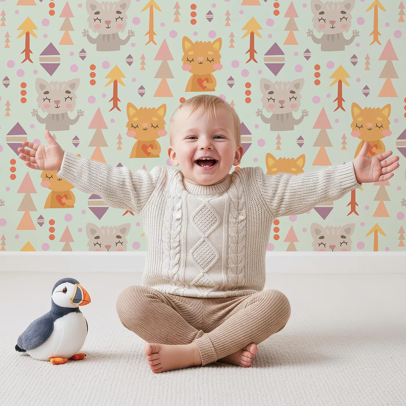 Lovely child standing in front of Whimsy Tots Mindful Kitten Heart Wallpaper in Fresh Sage Green with cat, heart, triangle, dot, diamond in design.