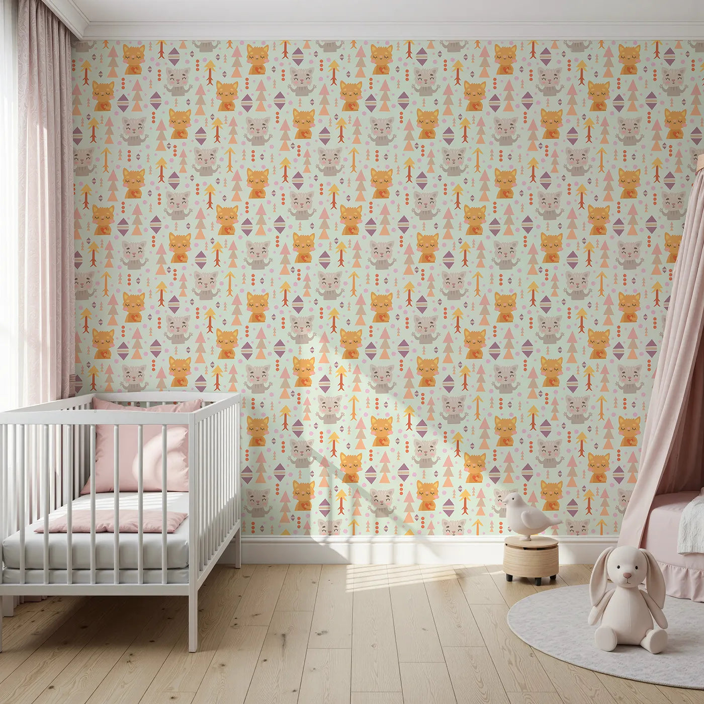 Front view of Whimsy Tots' Mindful Kitten Heart Wallpaper in Fresh Sage Green