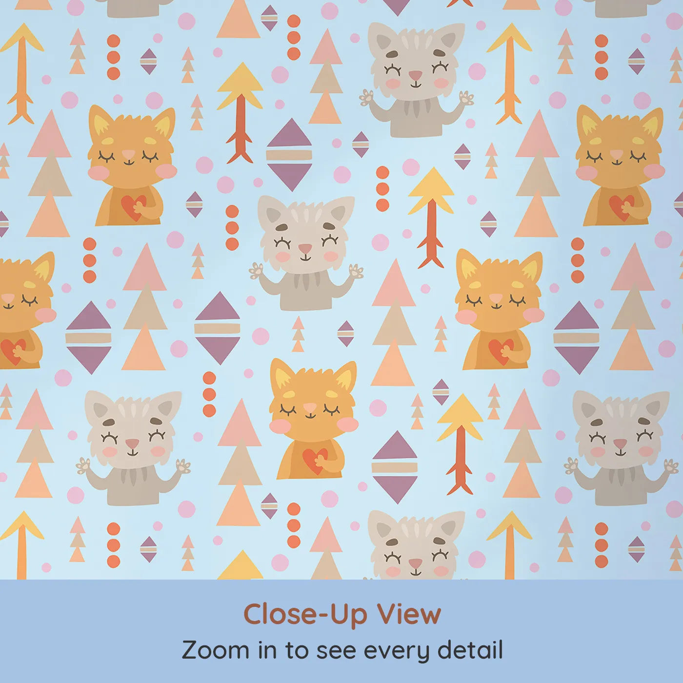 Close-up view of Whimsy Tots' Mindful Kitten Heart Wallpaper in Sky Blue (W3149E).Tribal kittens, hearts, and pastel shapes float softly through a blue sky of peace.