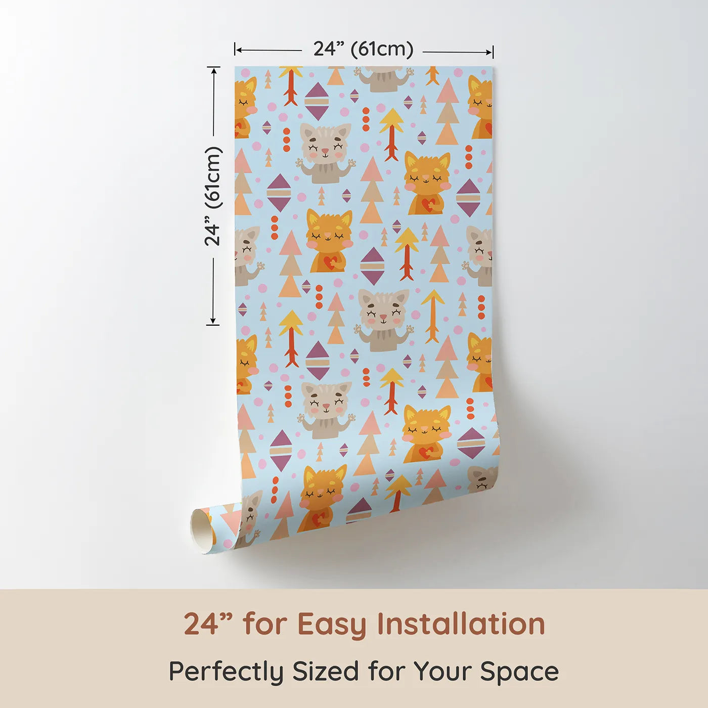 Dimension view of Whimsy Tots Mindful Kitten Heart Wallpaper in Sky Blue (W3149E). Printed in 24-inch-wide panel for easy installation. Tribal kittens, hearts, and pastel shapes float softly through a blue sky of peace.