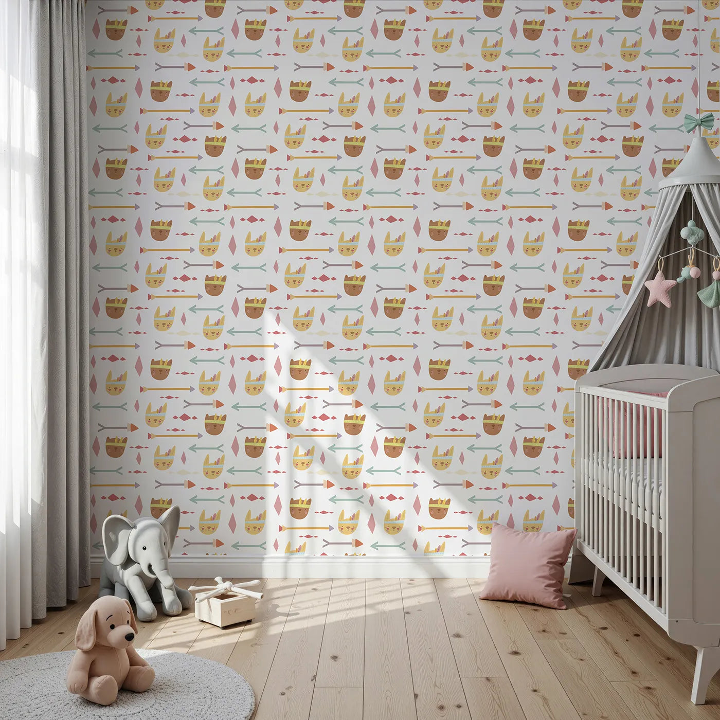 Front view of Whimsy Tots' Tribal Bunny Parade Wallpaper in Vanilla Cream