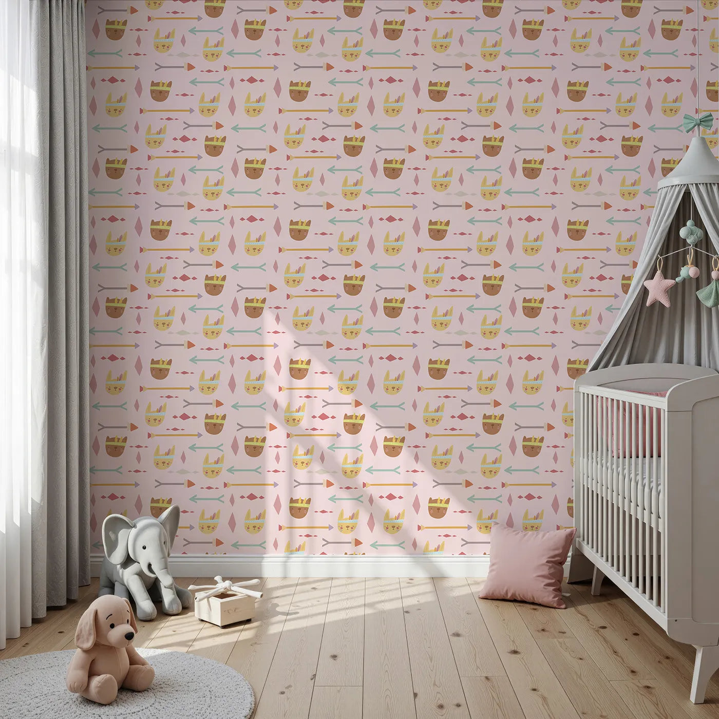 Front view of Whimsy Tots' Tribal Bunny Parade Wallpaper in Petal Blush Pink