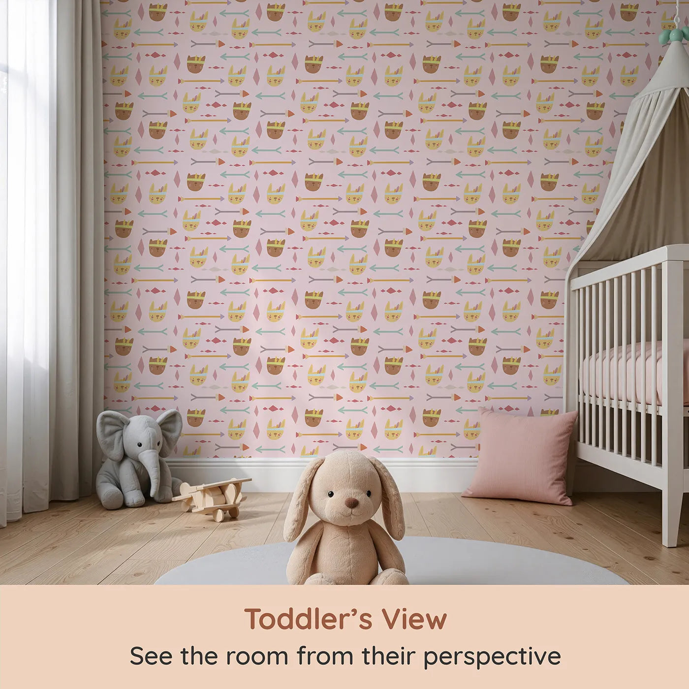 Whimsy Tots Tribal Bunny Parade Wallpaper in Petal Blush Pink (W3150B) from your child's view.Feathered bunnies and pastel arrows weave joy through soft pink skies.